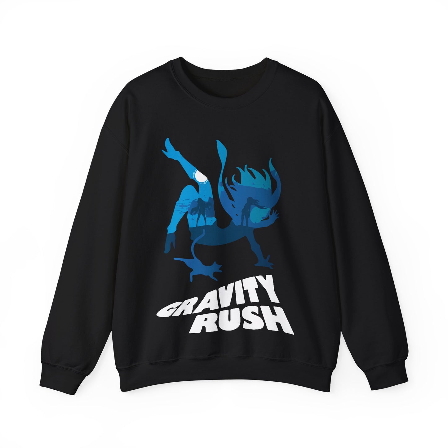 Gravity Rush crewneck sweatshirt featuring Kat, Dusty and Raven in the city of Auldnoir. Designed in layered blue vector silhouettes to create depth and atmospheric perspective, this unisex gamer sweatshirt captures the gravity-shifting aesthetic of Gravity Rush and Gravity Rush 2. Perfect action-adventure video game merch for fans of Japanese art style, anime-inspired design, and PlayStation cult classics.