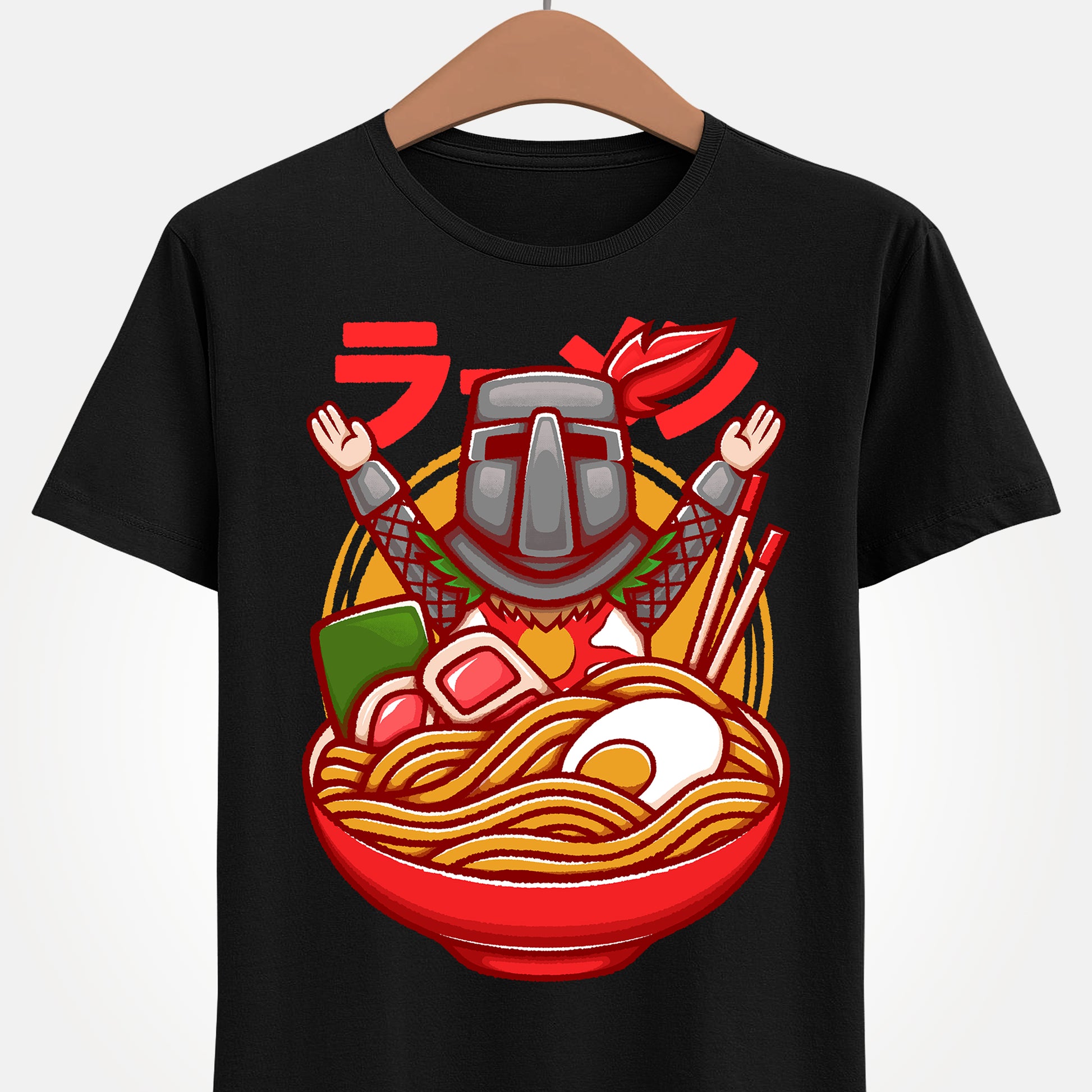 Solaire of Astora ramen t-shirt inspired by Dark Souls, featuring the iconic knight inside a stylized ramen bowl in a fun fantasy art style. This unisex gamer shirt blends action RPG energy with cozy Japanese ramen aesthetics. Perfect for fans of Dark Souls, Dark Souls II, Dark Souls III, Bloodborne, and Elden Ring. Ideal soulslike merch for collectors, FromSoftware fans, and gamers who love unique fantasy designs.