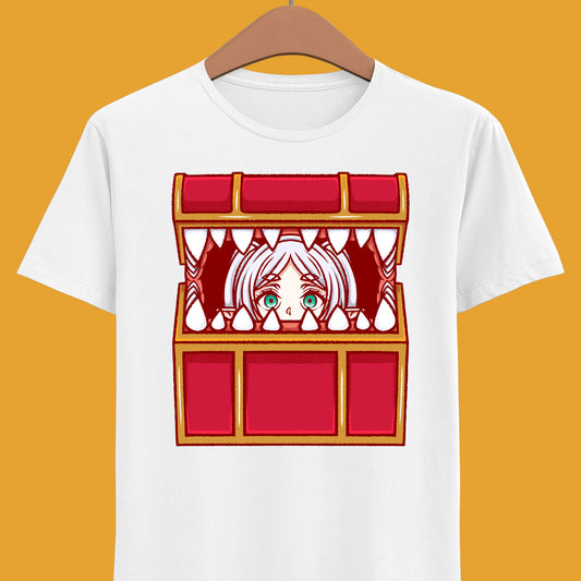 Frieren Mimic t-shirt inspired by Sōsō no Frieren: Beyond Journey’s End, featuring the elf mage protagonist being playfully eaten by a treasure chest mimic in a cute kawaii art style. This unisex anime shirt captures the viral meme loved by fans across the internet. Perfect fantasy anime merch for collectors, otaku enthusiasts, and fans of Frieren who enjoy funny dungeon moments and RPG-inspired designs.