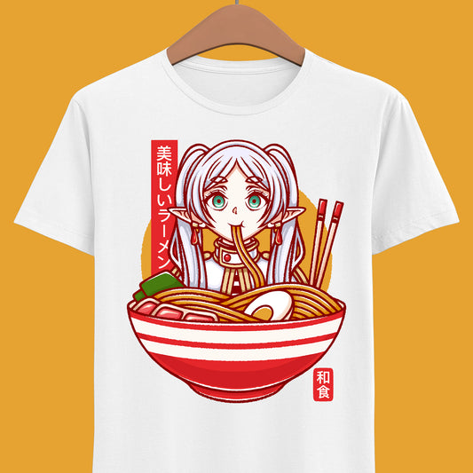 Frieren ramen t-shirt inspired by Sōsō no Frieren: Beyond Journey’s End, featuring the elf mage protagonist inside a stylized Japanese ramen bowl. This unisex anime shirt blends fantasy aesthetics with cozy ramen culture, creating a unique design for fans of the manga and anime series. Perfect anime merch for collectors, otaku enthusiasts, and lovers of Japanese art inspired apparel. Ideal t-shirt for Frieren fans and fantasy anime lovers.