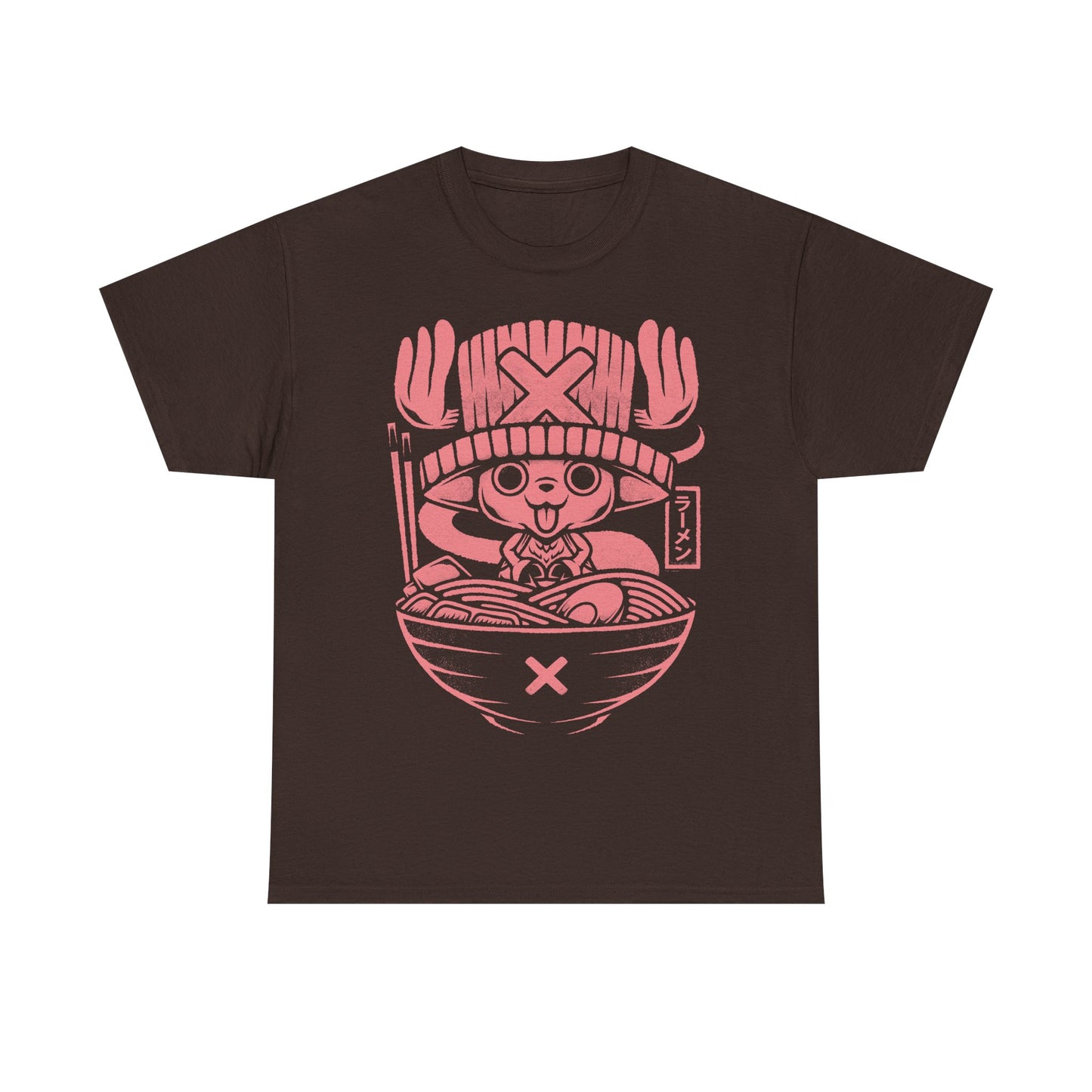 Tony Tony Chopper One Piece ramen t-shirt featuring the Straw Hat pirate doctor inside a Japanese noodle bowl in kawaii foodie anime style.