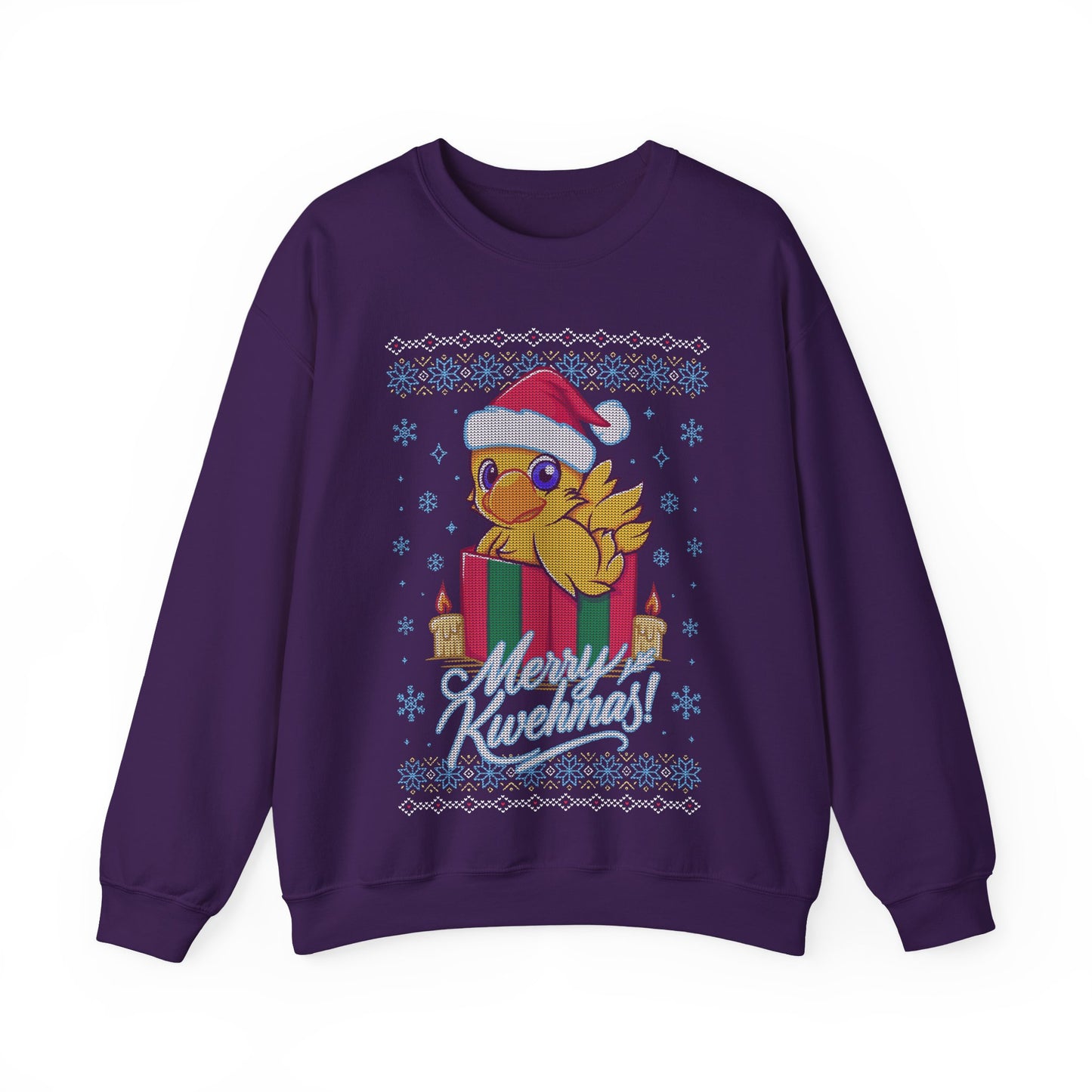 High-quality crewneck sweatshirt featuring a cute Chocobo from the Final Fantasy series sitting inside a Christmas gift box and wearing a festive Santa hat. The design blends JRPG charm with adorable holiday aesthetics, perfect for fans of Chocobos, Christmas gaming apparel, and cute kawaii art. Ideal for gifting, collectors, and gamers who love cozy festive clothing. Soft unisex holiday crewneck for everyday winter wear. cute chocobo kawaii crewneck, final fantasy christmas crewneck sweatshirt