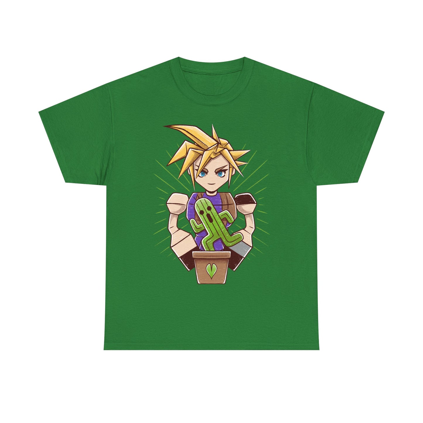 Final Fantasy VII t-shirt featuring Cloud Strife caring for a garden of Cactuars inspired by the legendary 10,000 Needles attack.