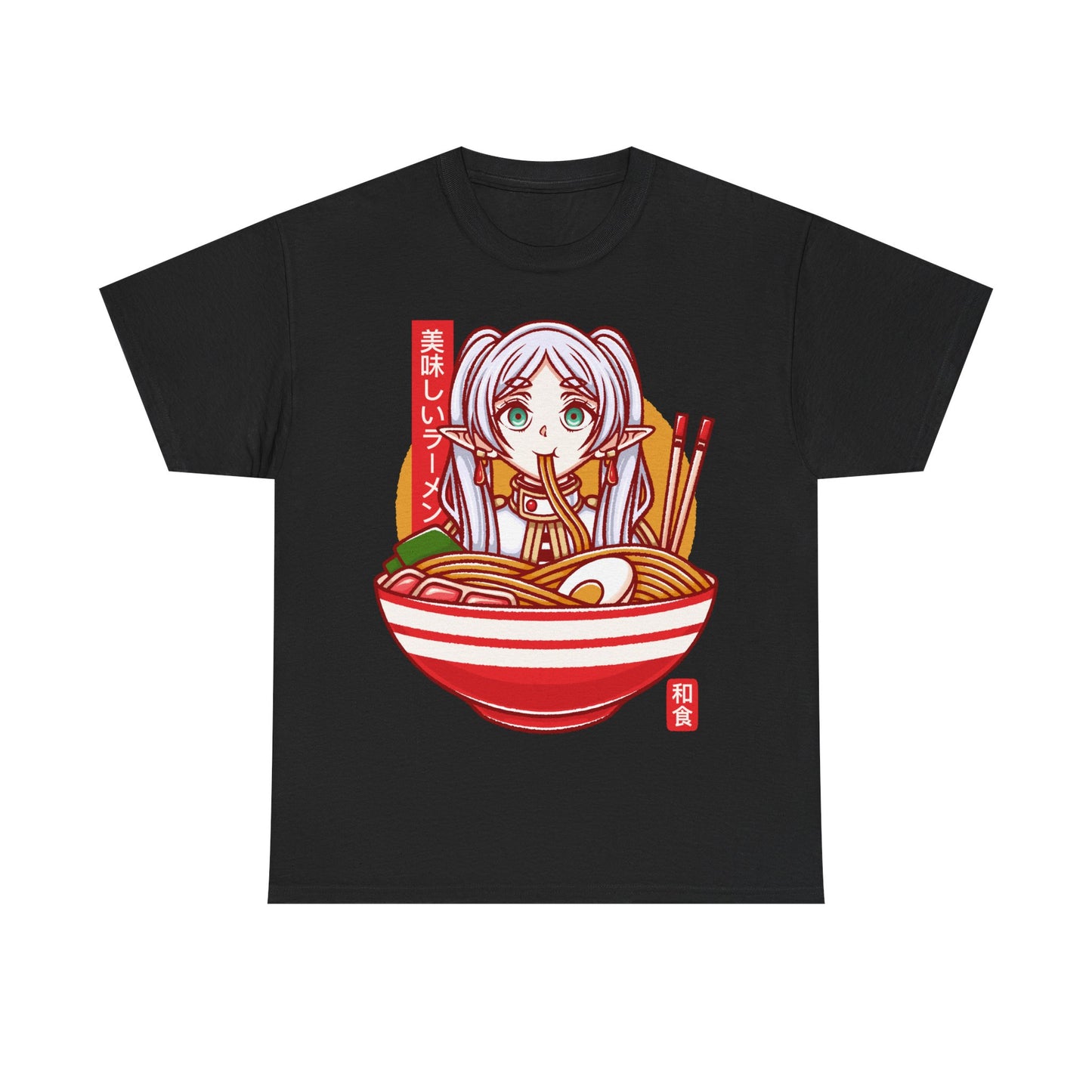 Frieren ramen t-shirt inspired by Sōsō no Frieren: Beyond Journey’s End, featuring the elf mage protagonist inside a stylized Japanese ramen bowl. This unisex anime shirt blends fantasy aesthetics with cozy ramen culture, creating a unique design for fans of the manga and anime series. Perfect anime merch for collectors, otaku enthusiasts, and lovers of Japanese art inspired apparel. Ideal t-shirt for Frieren fans and fantasy anime lovers.