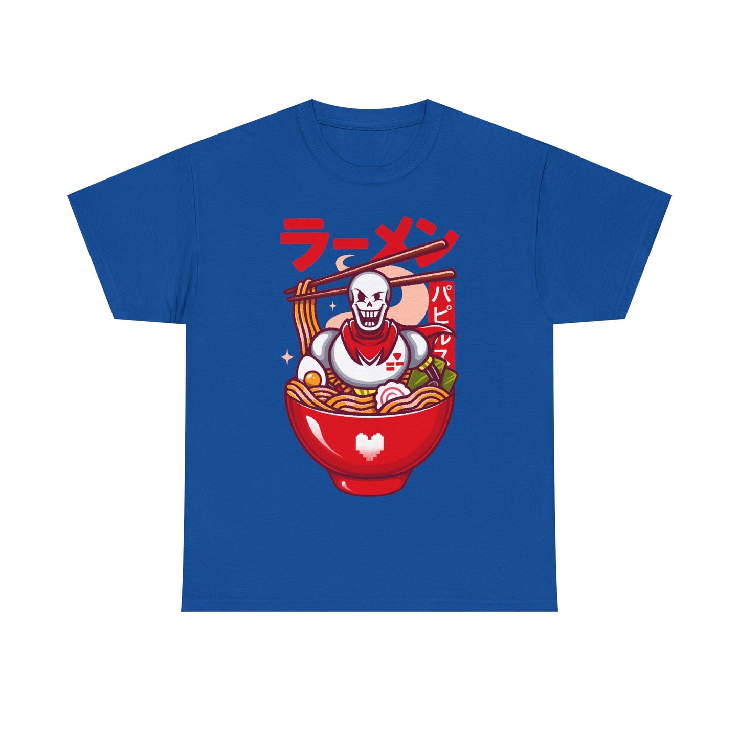 Image of a Papyrus T-shirt inspired by the indie game Undertale, featuring Papyrus sitting inside a Japanese ramen bowl in a cute kawaii art style. The design includes noodles, chopsticks and bright manga-style colors, perfect for fans of Papyrus, Sans, Undyne and the Undertale cast. Ideal for gamers who love Japanese food, ramen-themed apparel, geek culture, and unique Undertale merch with a playful aesthetic. papyrus undertale t-shirt, papyrus undertale video game merch, papyrus undertale tee