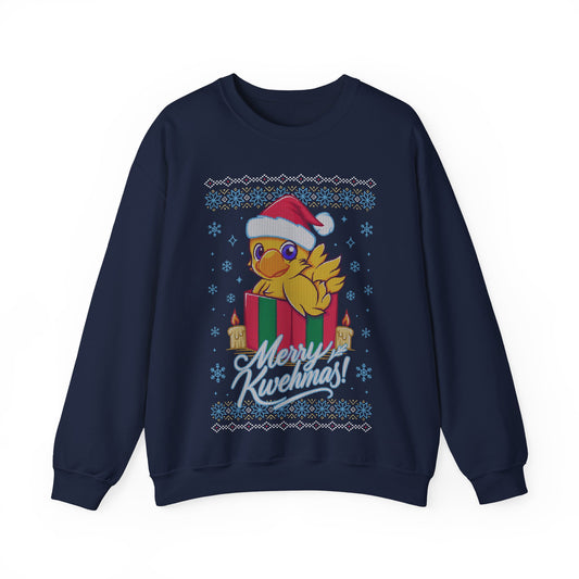 High-quality crewneck sweatshirt featuring a cute Chocobo from the Final Fantasy series sitting inside a Christmas gift box and wearing a festive Santa hat. The design blends JRPG charm with adorable holiday aesthetics, perfect for fans of Chocobos, Christmas gaming apparel, and cute kawaii art. Ideal for gifting, collectors, and gamers who love cozy festive clothing. Soft unisex holiday crewneck for everyday winter wear. cute chocobo kawaii crewneck, final fantasy christmas crewneck sweatshirt
