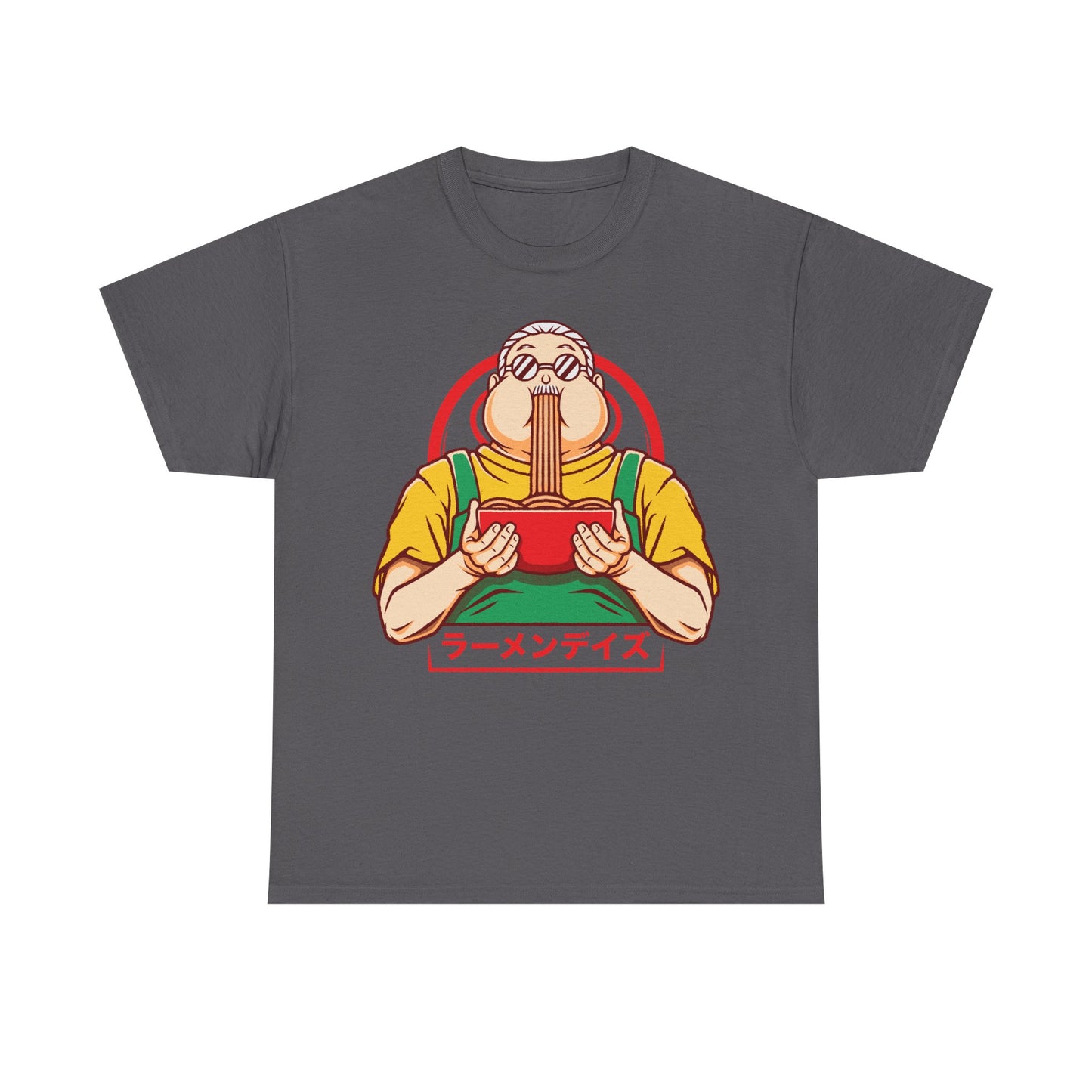 Taro Sakamoto Sakamoto Days ramen t-shirt featuring the legendary hitman inside a Japanese noodle bowl in foodie anime streetwear style.
