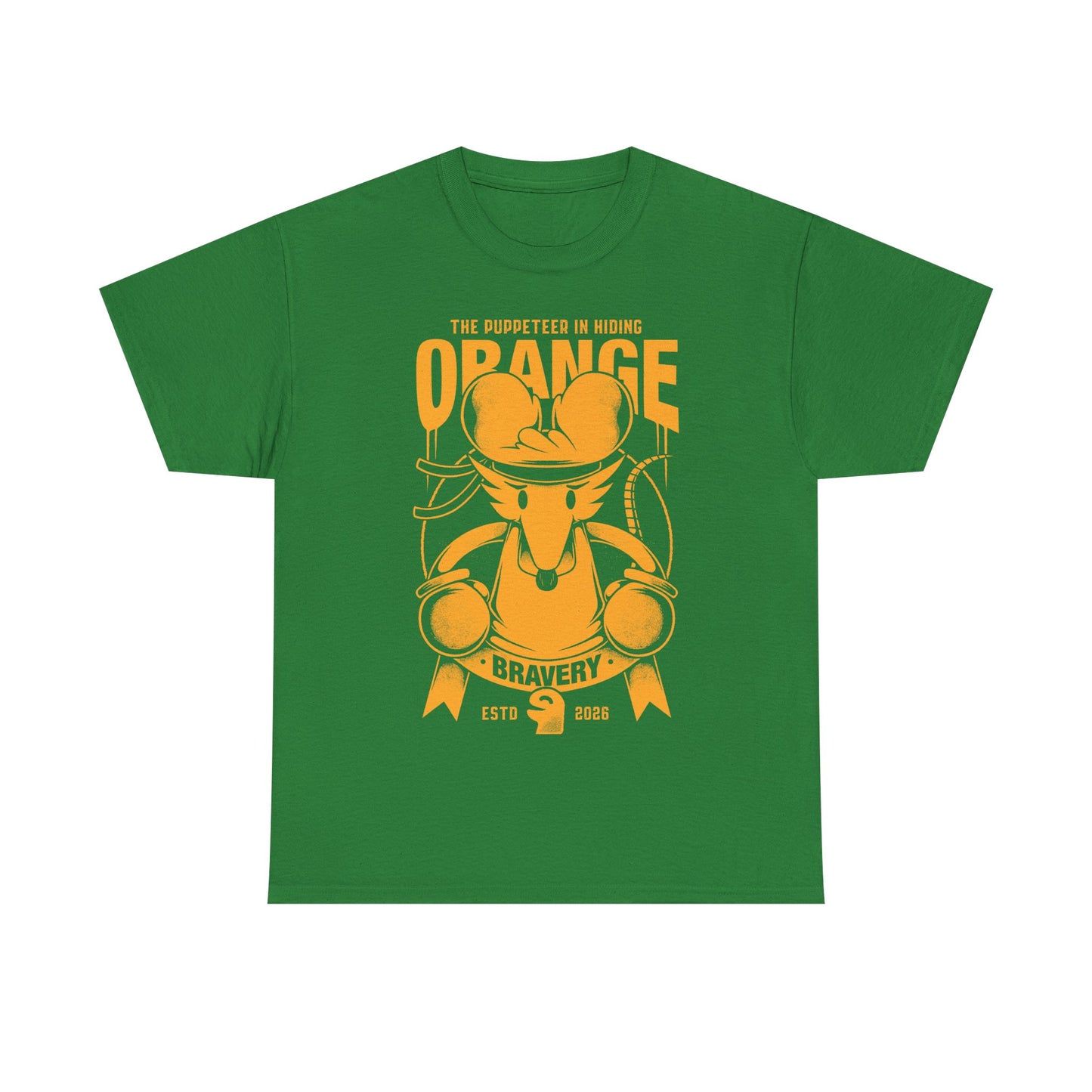 Orange Flower t-shirt inspired by Deltarune Chapter 5 featuring the Bravery SOUL flower with hidden puppeteer references in a vintage emblem style.