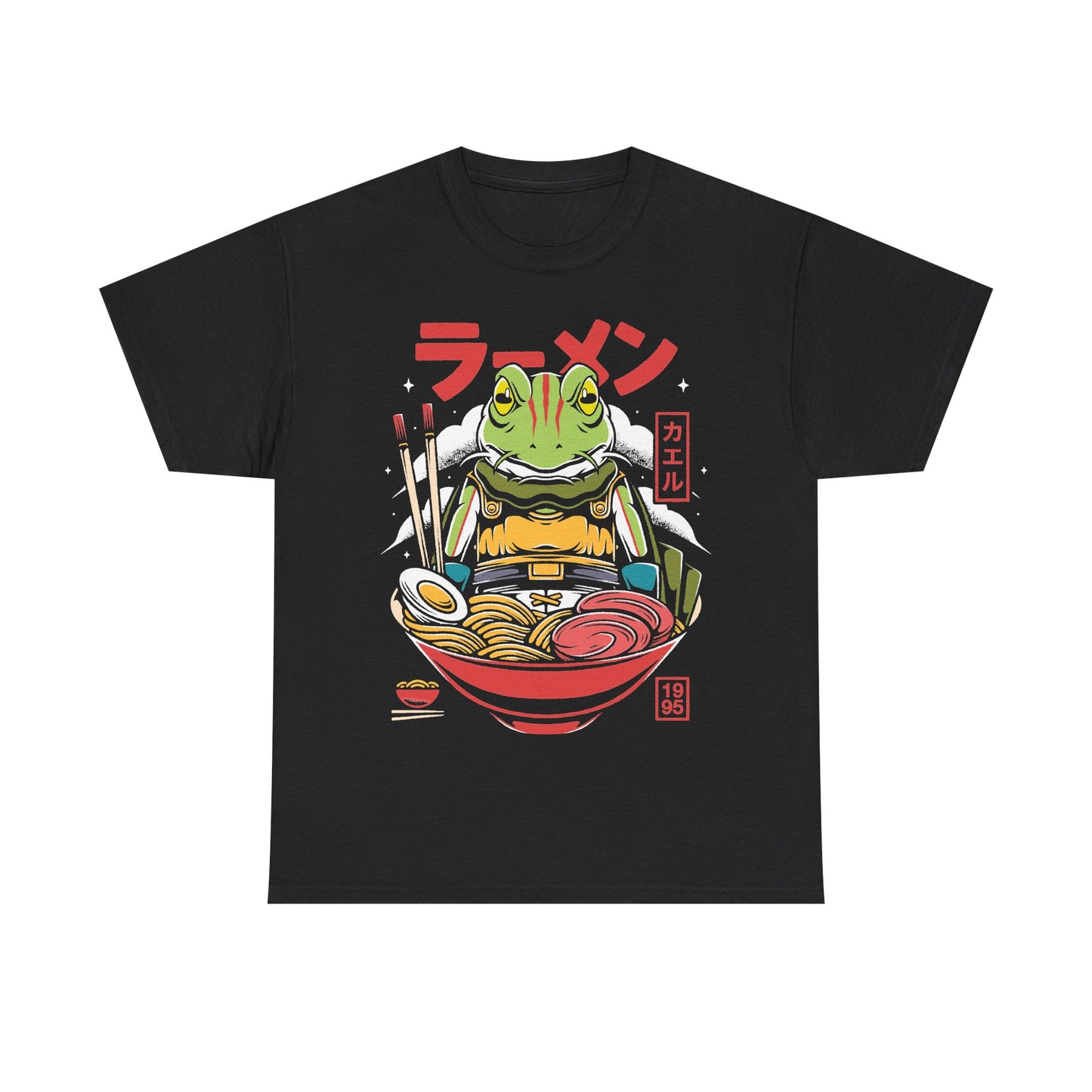 Chrono Trigger Glenn Frog ramen t-shirt featuring the Frog Knight inside a Japanese ramen bowl