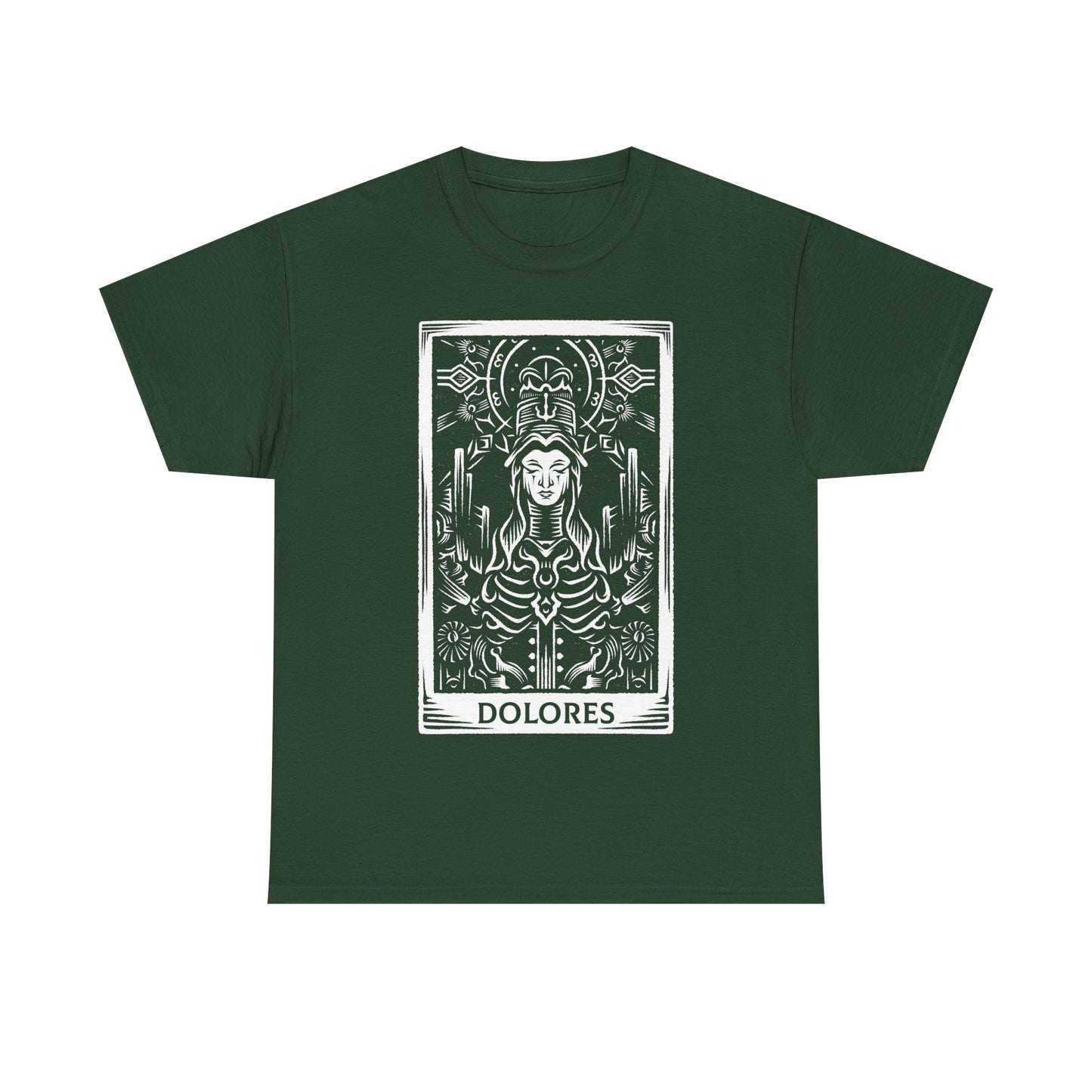 Madre Dolores tarot card t-shirt inspired by Crisol Theater of Idols, gothic horror dark fantasy tarot design featuring the mysterious character in occult tarot card style artwork.
