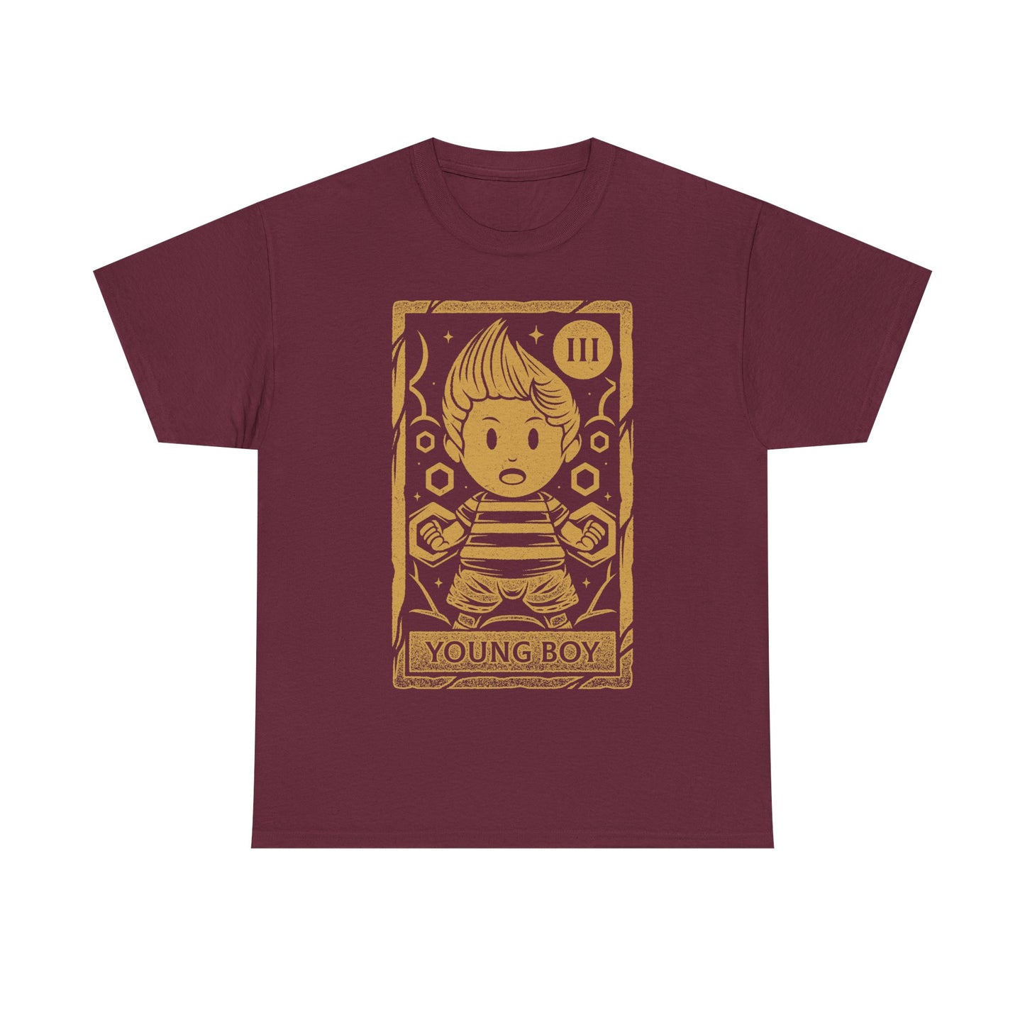 Lucas Mother 3 t-shirt featuring a vintage tarot card illustration inspired by the emotional JRPG Mother 3. Retro gaming apparel with a one-ink monochrome design depicting Lucas, the main protagonist of the cult classic RPG. Nostalgic gamer merch ideal for fans of Mother 3 t-shirts, RPG and JRPG video games, tarot card art, and story-driven retro games. Perfect collector tee for retrogaming fans and lovers of symbolic fantasy illustration. mother 3 lucas t-shirt, mother 3 lucas merch.