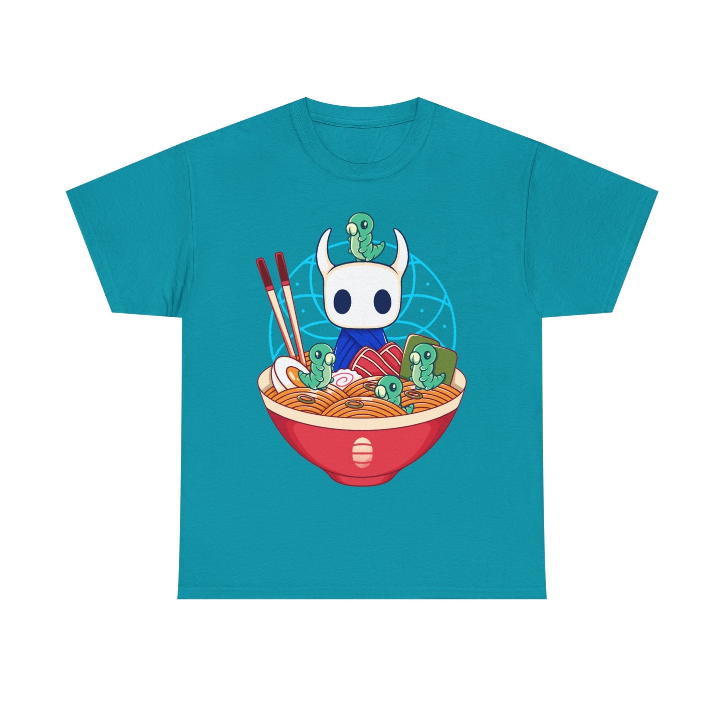 Cute Hollow Knight T-shirt featuring The Knight and adorable Grubs sitting inside a colorful ramen noodle bowl in a kawaii Japanese art style. The design blends food-themed illustration with indie game aesthetics, creating a fun and cozy look perfect for Hollow Knight fans, metroidvania lovers, ramen enthusiasts, and collectors. High-quality print ideal for gamers who enjoy cute cartoon art and unique fan-made apparel. hollow knight the knight ramen t-shirt, hollow knight ramen shirt, ramen tee
