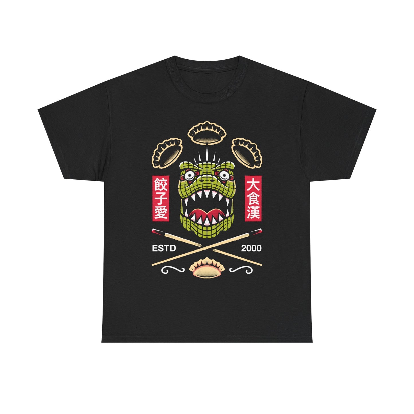 Kaiman Dorohedoro anime t-shirt featuring crossed Japanese chopsticks and gyozas in foodie anime streetwear style.