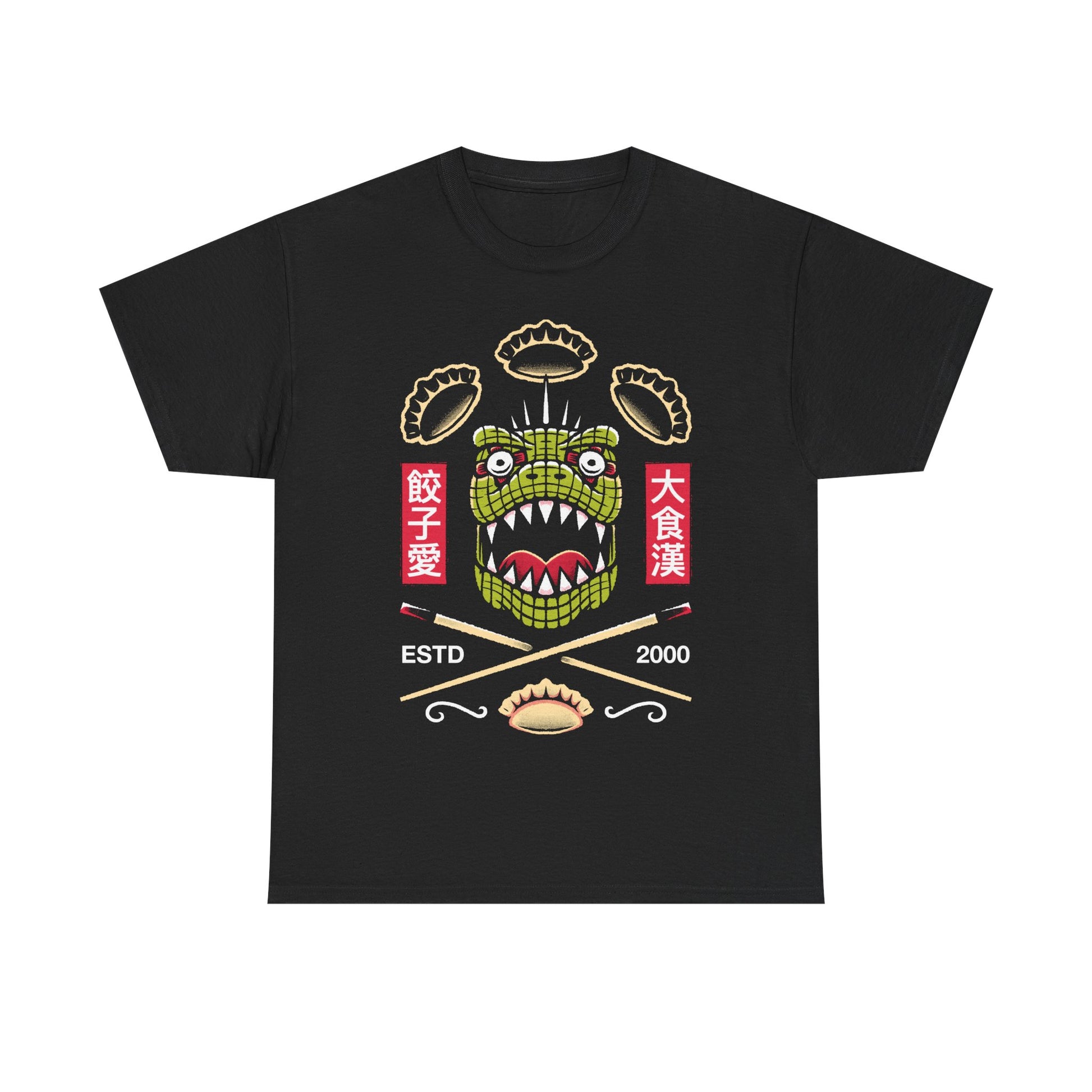 Kaiman Dorohedoro anime t-shirt featuring crossed Japanese chopsticks and gyozas in foodie anime streetwear style.