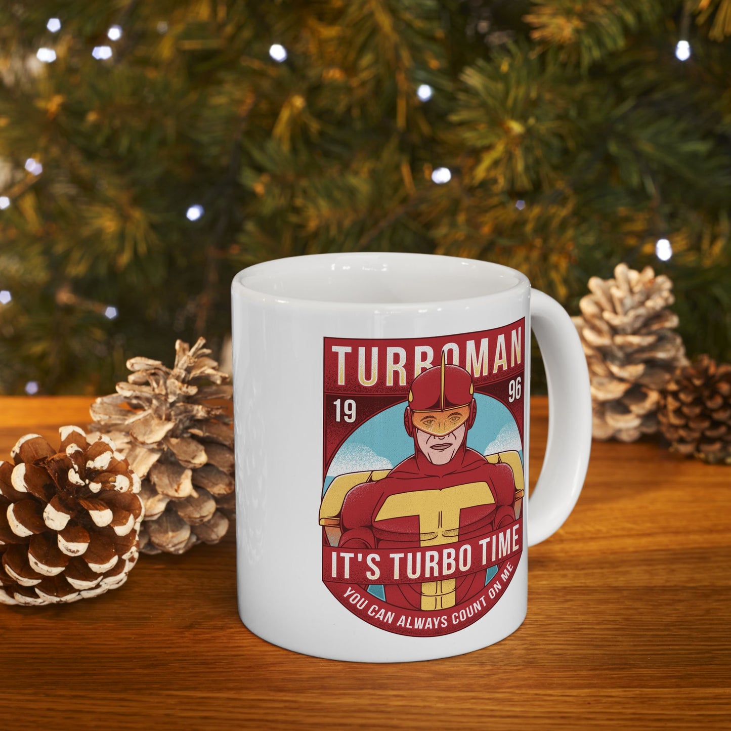 High-quality ceramic mug featuring Turbo Man from the 90s Christmas movie Jingle All the Way. The design captures the iconic superhero parody style, perfect for nostalgic fans, movie collectors, and lovers of retro holiday films. Ideal as a festive gift, this durable mug works for coffee, tea, or display. Bright colors and detailed artwork make it a must-have for anyone who loves Turbo Man and classic Christmas comedies.