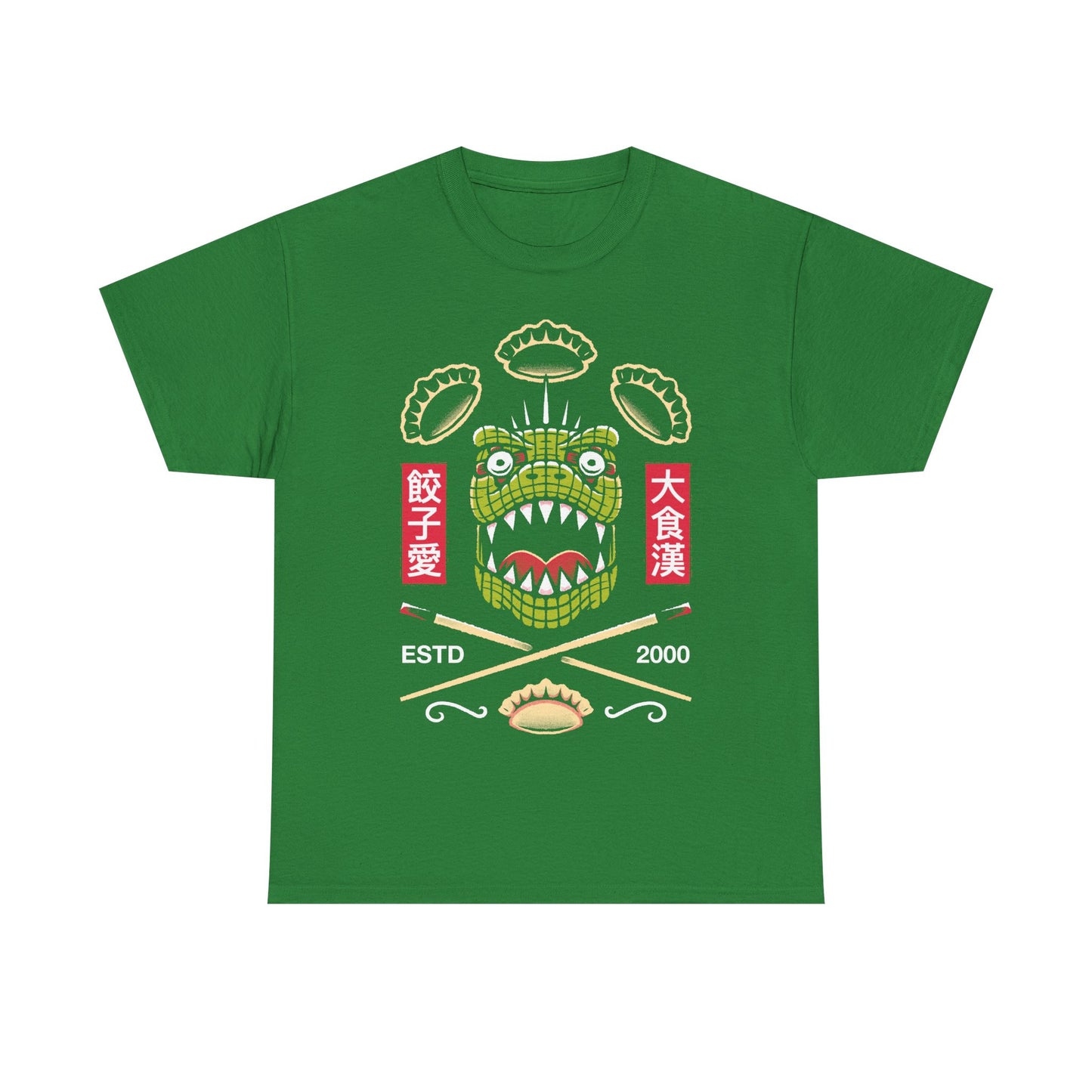 Kaiman Dorohedoro anime t-shirt featuring crossed Japanese chopsticks and gyozas in foodie anime streetwear style.