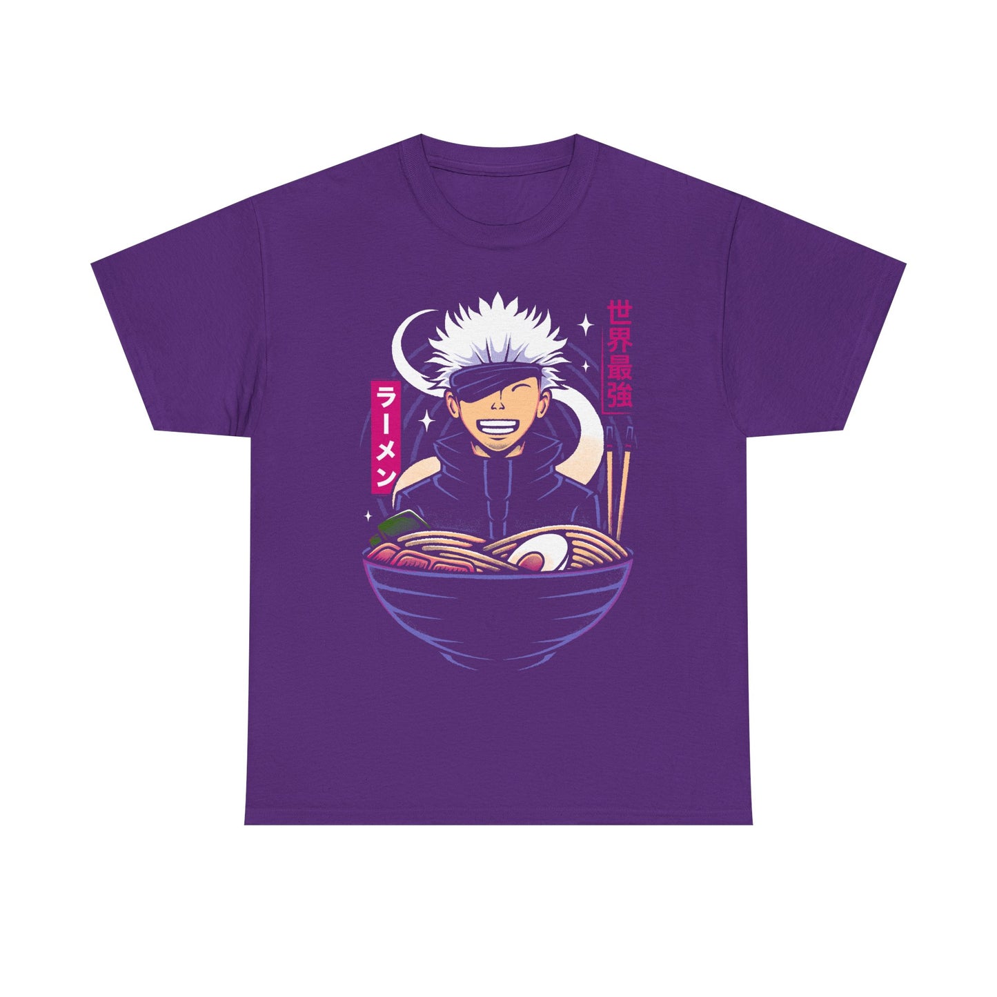 Satoru Gojo Jujutsu Kaisen ramen t-shirt featuring the strongest sorcerer inside a Japanese noodle bowl in anime foodie streetwear style.