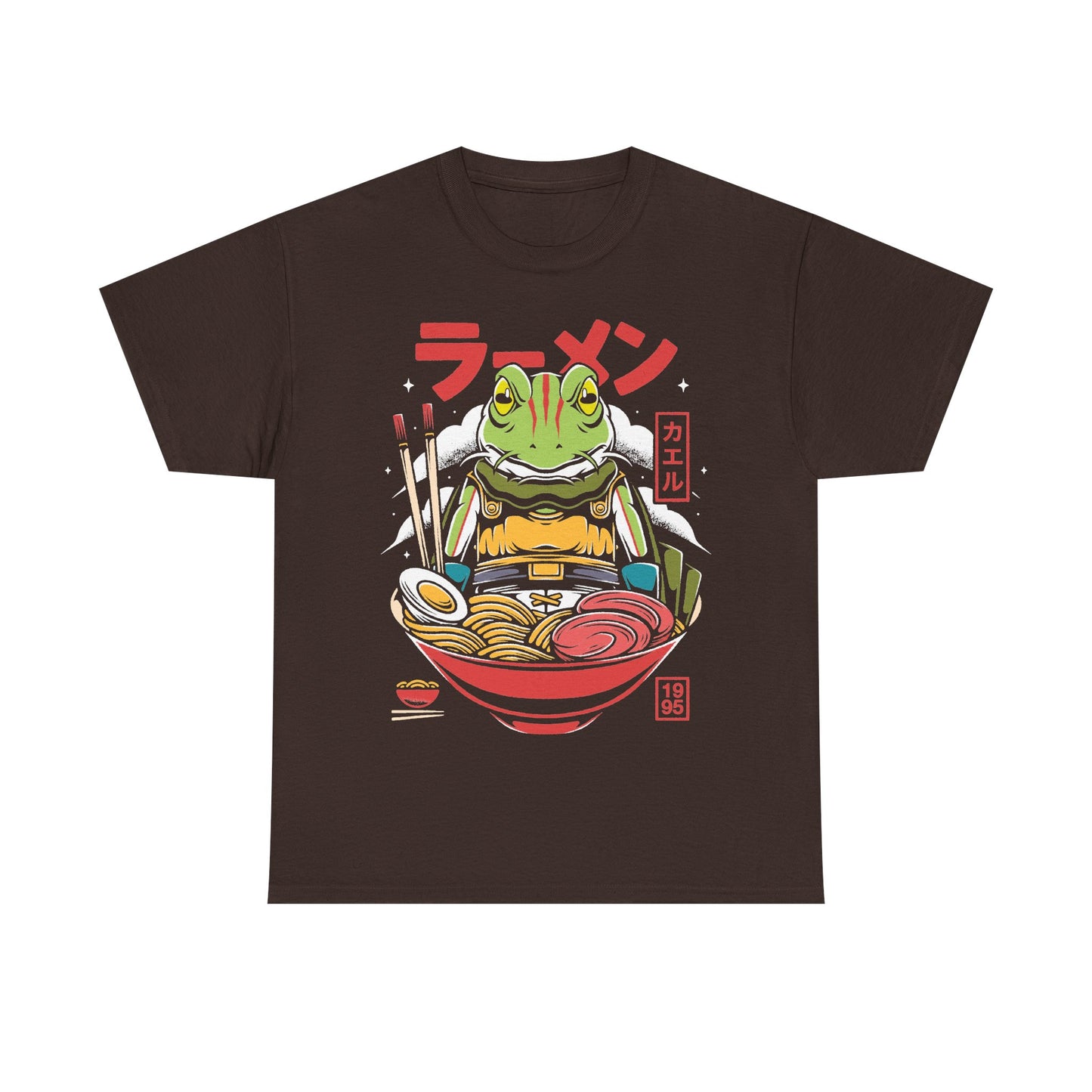 Chrono Trigger Glenn Frog ramen t-shirt featuring the Frog Knight inside a Japanese ramen bowl