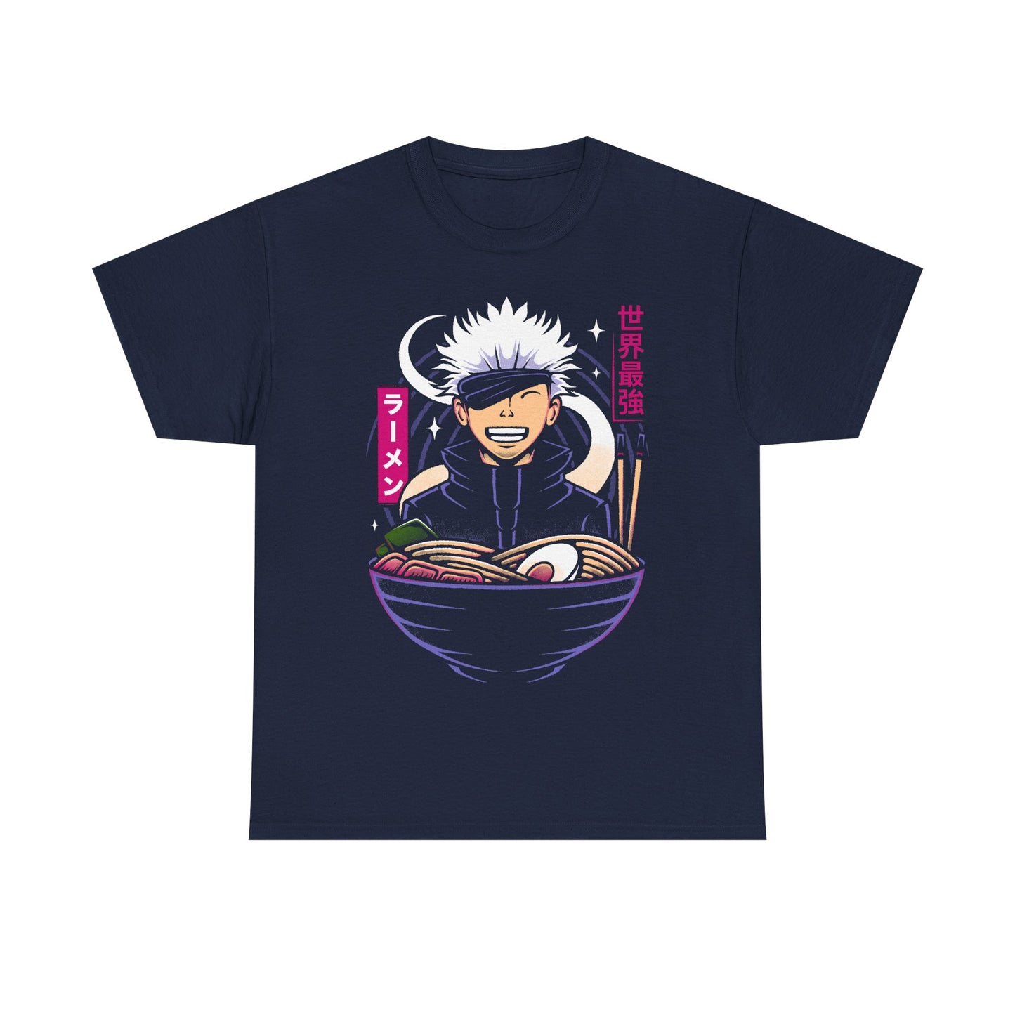 Satoru Gojo Jujutsu Kaisen ramen t-shirt featuring the strongest sorcerer inside a Japanese noodle bowl in anime foodie streetwear style.