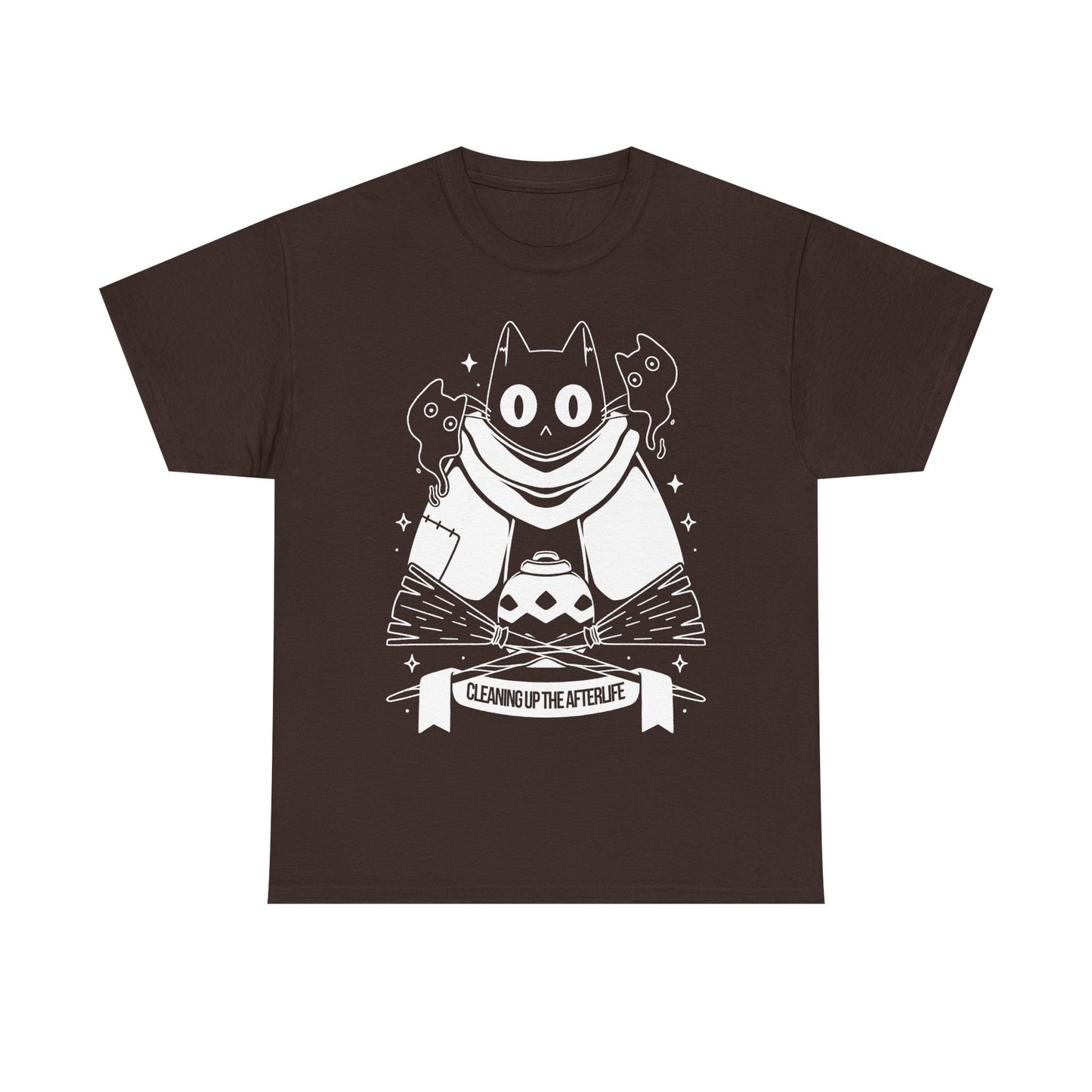 Crypt Custodian Cleaning Up the Afterlife t-shirt inspired by the indie metroidvania game starring Pluto, the mischievous ghost cat sentenced to clean the afterworld forever. This unisex gamer shirt captures the spooky cute charm and dark fantasy atmosphere of the game, blending cozy aesthetics with supernatural adventure. Perfect indie game merch for metroidvania fans, collectors, and gamers who love unique character-driven titles.