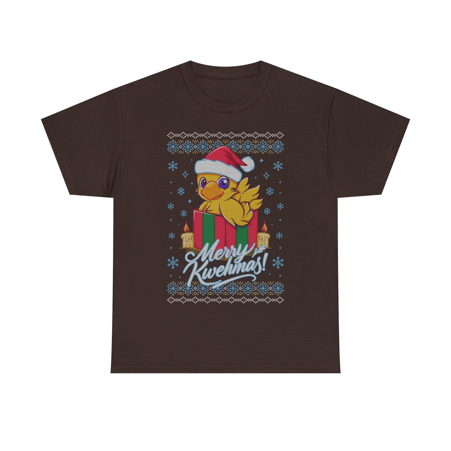 High-quality T-shirt featuring a cute Chocobo from the Final Fantasy series sitting inside a Christmas gift box and wearing a festive Santa hat. The design blends JRPG charm with adorable holiday aesthetics, making it perfect for fans of Chocobos, Christmas gaming apparel, and cute kawaii art. Ideal for gifting, collectors, and gamers who enjoy cozy festive clothing. Soft unisex tee suitable for daily wear during the holiday season. cute chocobo kawaii t-shirt, final fantasy christmas t-shirt