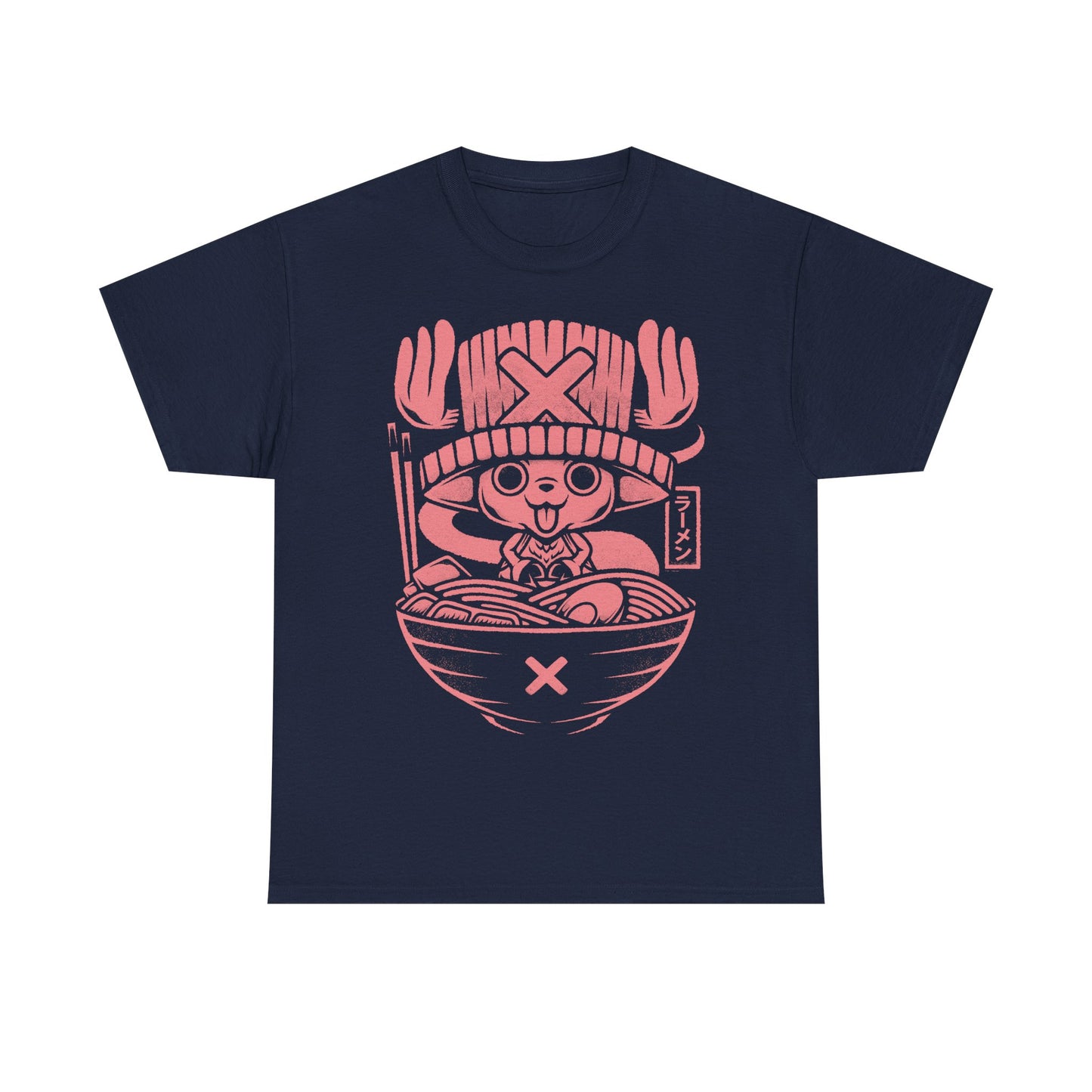 Tony Tony Chopper One Piece ramen t-shirt featuring the Straw Hat pirate doctor inside a Japanese noodle bowl in kawaii foodie anime style.