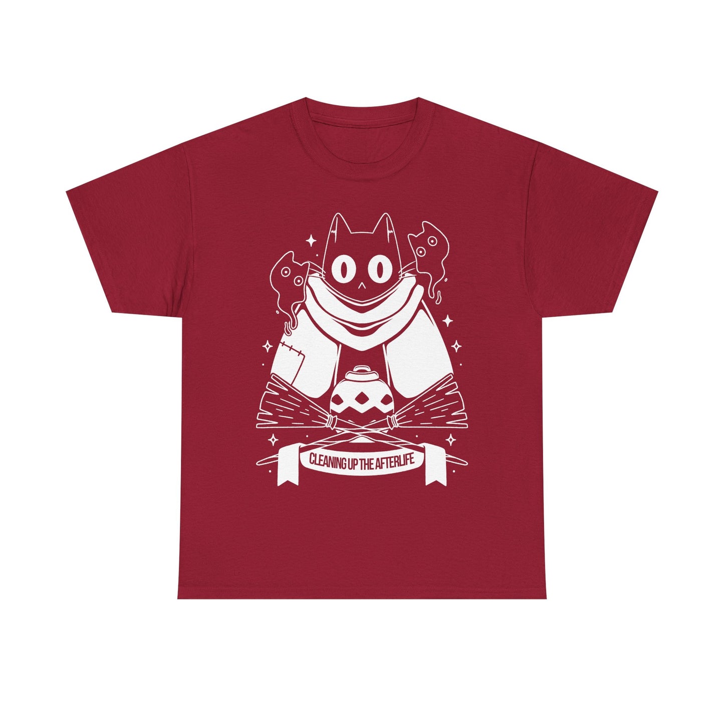 Crypt Custodian Cleaning Up the Afterlife t-shirt inspired by the indie metroidvania game starring Pluto, the mischievous ghost cat sentenced to clean the afterworld forever. This unisex gamer shirt captures the spooky cute charm and dark fantasy atmosphere of the game, blending cozy aesthetics with supernatural adventure. Perfect indie game merch for metroidvania fans, collectors, and gamers who love unique character-driven titles.