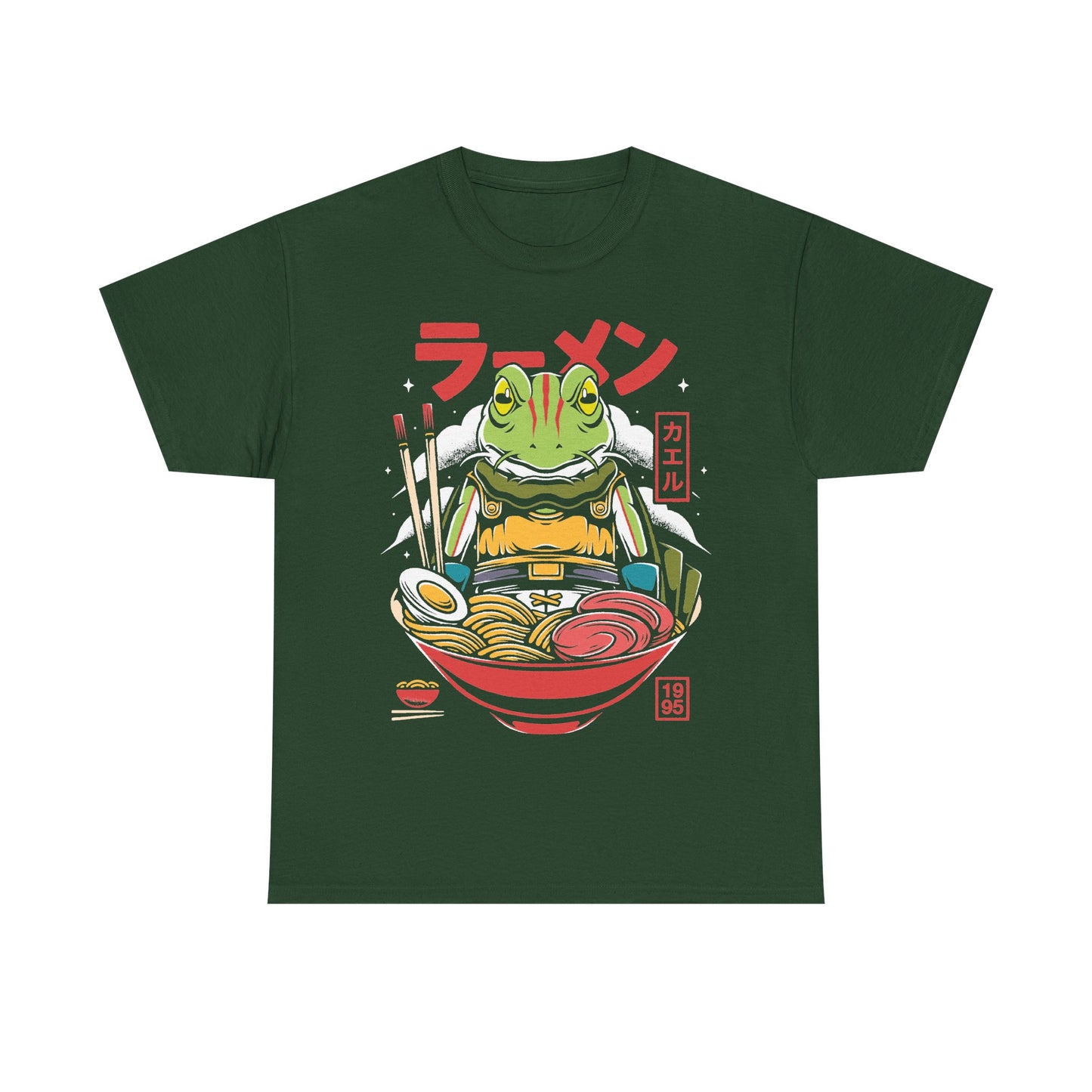 Chrono Trigger Glenn Frog ramen t-shirt featuring the Frog Knight inside a Japanese ramen bowl