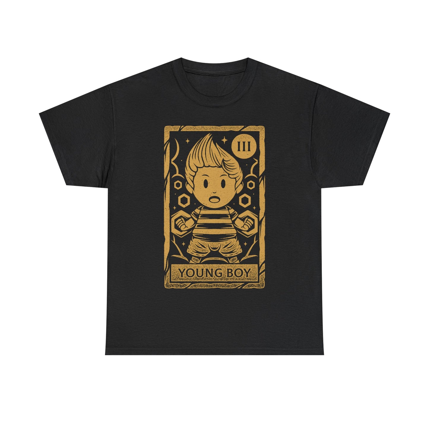 Lucas Mother 3 t-shirt featuring a vintage tarot card illustration inspired by the emotional JRPG Mother 3. Retro gaming apparel with a one-ink monochrome design depicting Lucas, the main protagonist of the cult classic RPG. Nostalgic gamer merch ideal for fans of Mother 3 t-shirts, RPG and JRPG video games, tarot card art, and story-driven retro games. Perfect collector tee for retrogaming fans and lovers of symbolic fantasy illustration. mother 3 lucas t-shirt, mother 3 lucas merch.