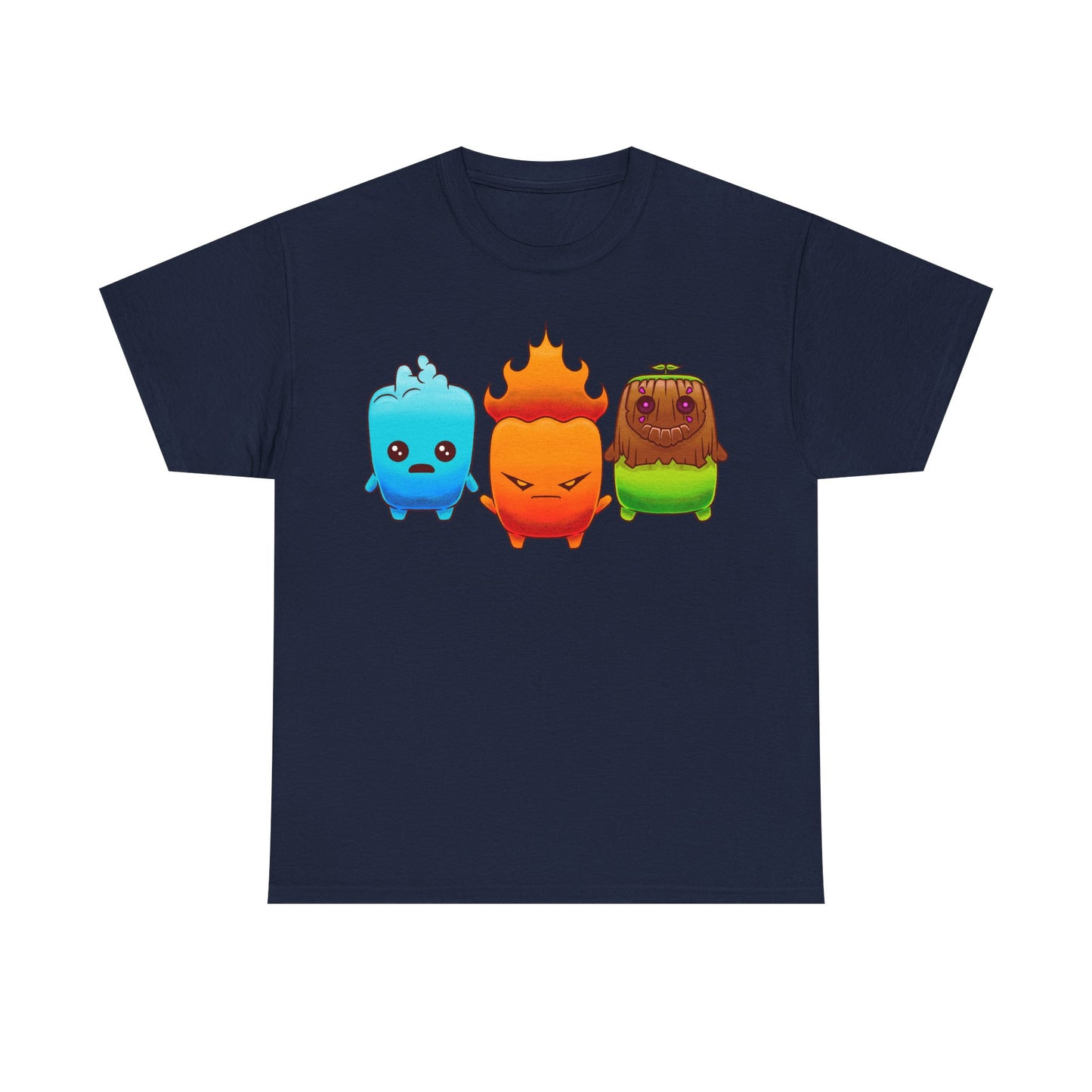 Fortnite Battle Royale t-shirt featuring the Fire Sprite, Water Sprite and Earth Sprite from Chapter 7 Season 3 Runners in a cute elemental spirit design.