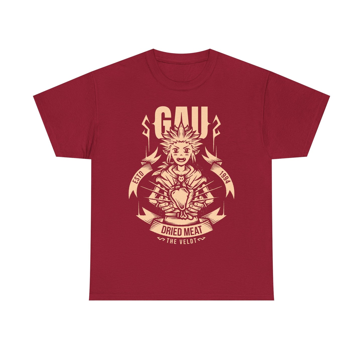 Gau Final Fantasy VI t-shirt featuring the Veldt recruitment scene with Sabin and Cyan using dried meat in the classic FF6 retro RPG. Perfect tee for Final Fantasy 6 gamers who wants unique merch.