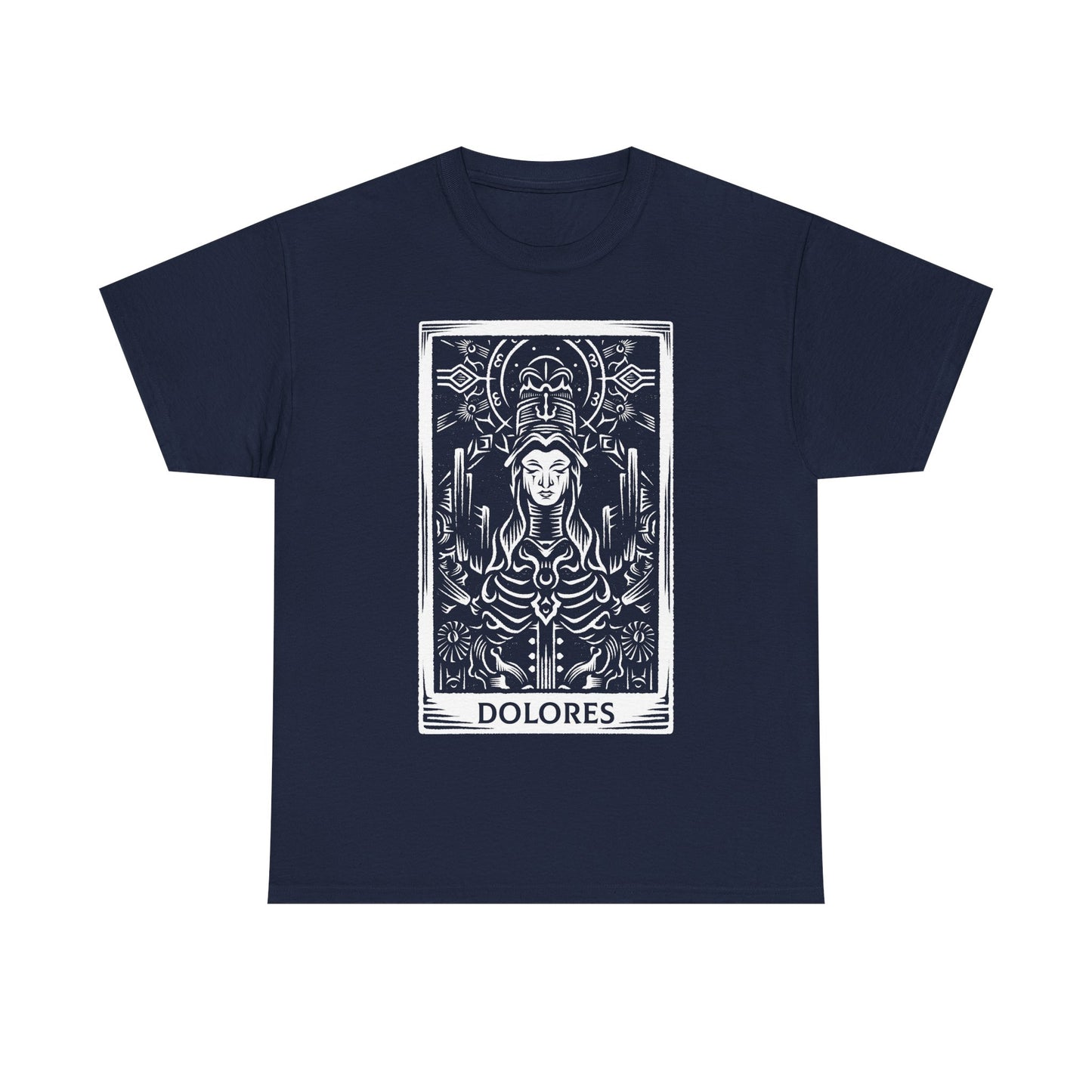 Madre Dolores tarot card t-shirt inspired by Crisol Theater of Idols, gothic horror dark fantasy tarot design featuring the mysterious character in occult tarot card style artwork.