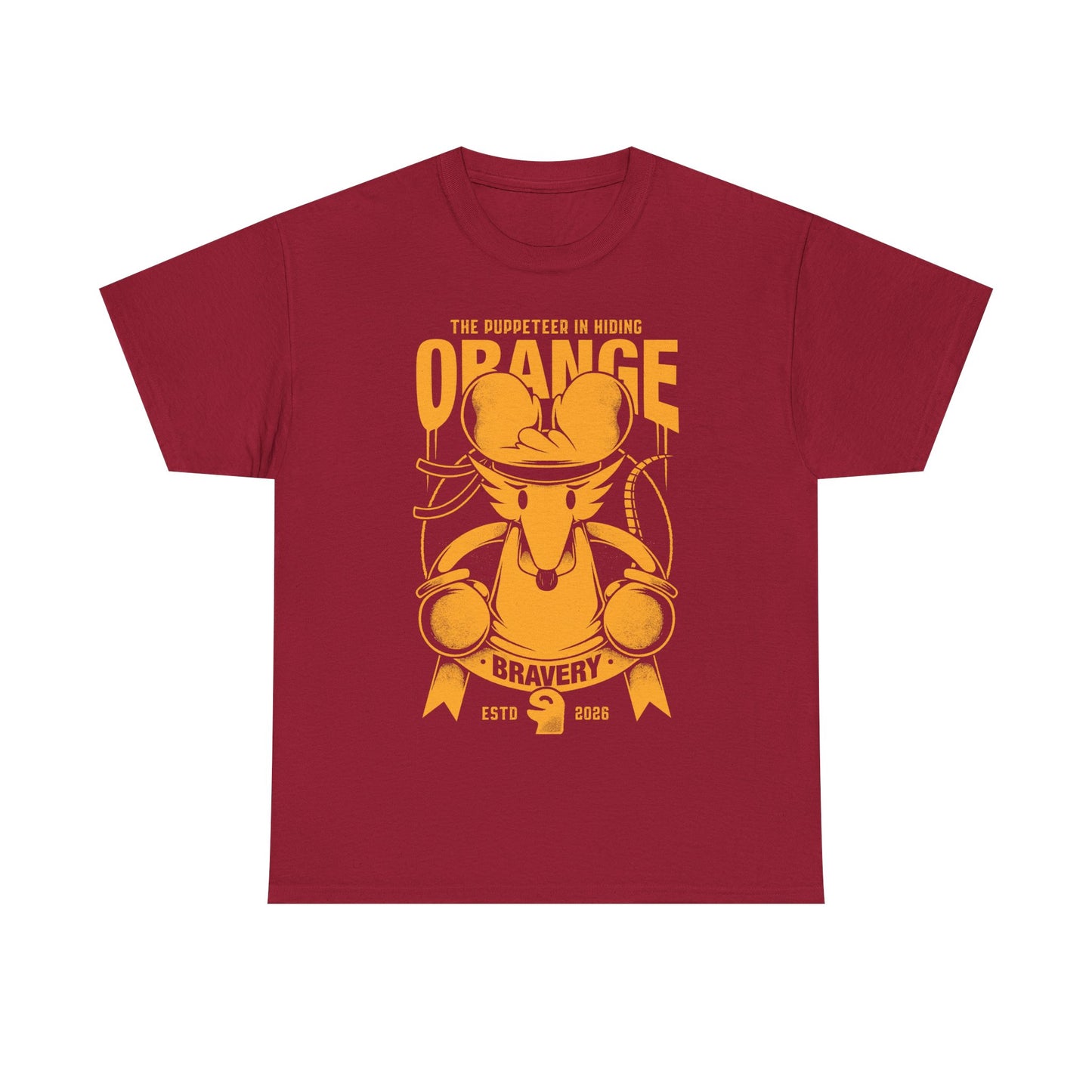 Orange Flower t-shirt inspired by Deltarune Chapter 5 featuring the Bravery SOUL flower with hidden puppeteer references in a vintage emblem style.