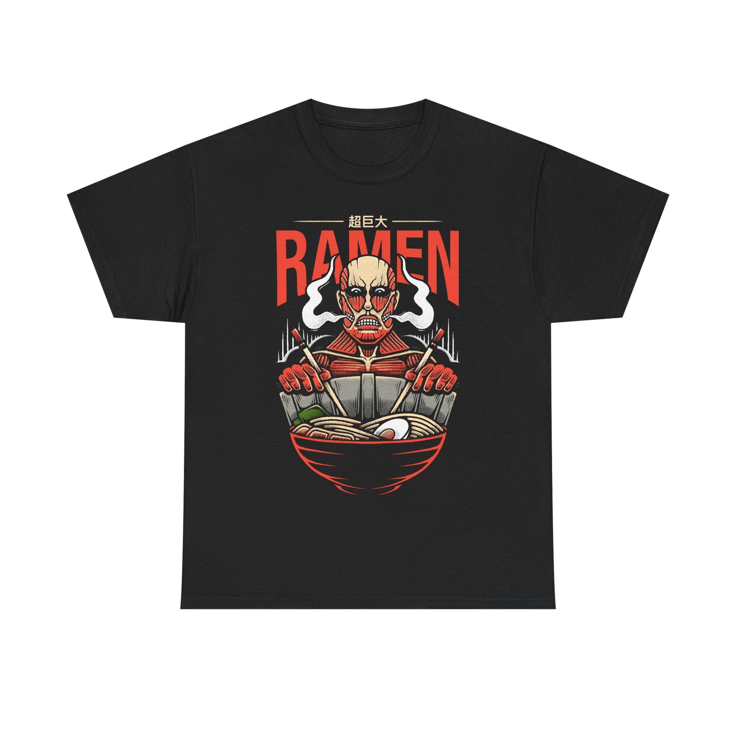 Colossal Titan Attack on Titan ramen t-shirt featuring Bertolt Hoover eating Japanese noodles with chopsticks while leaning against Wall Maria in anime foodie style.