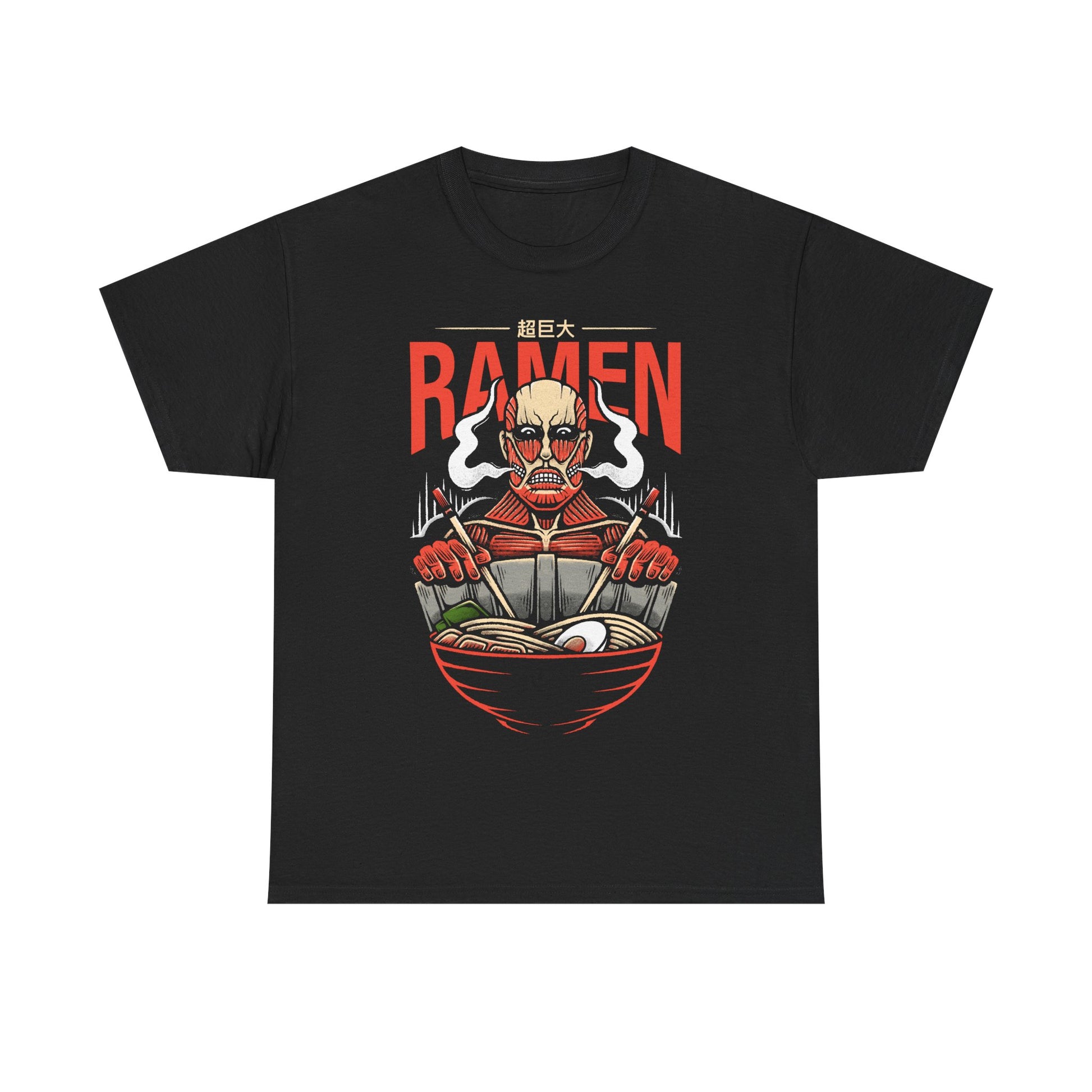 Colossal Titan Attack on Titan ramen t-shirt featuring Bertolt Hoover eating Japanese noodles with chopsticks while leaning against Wall Maria in anime foodie style.