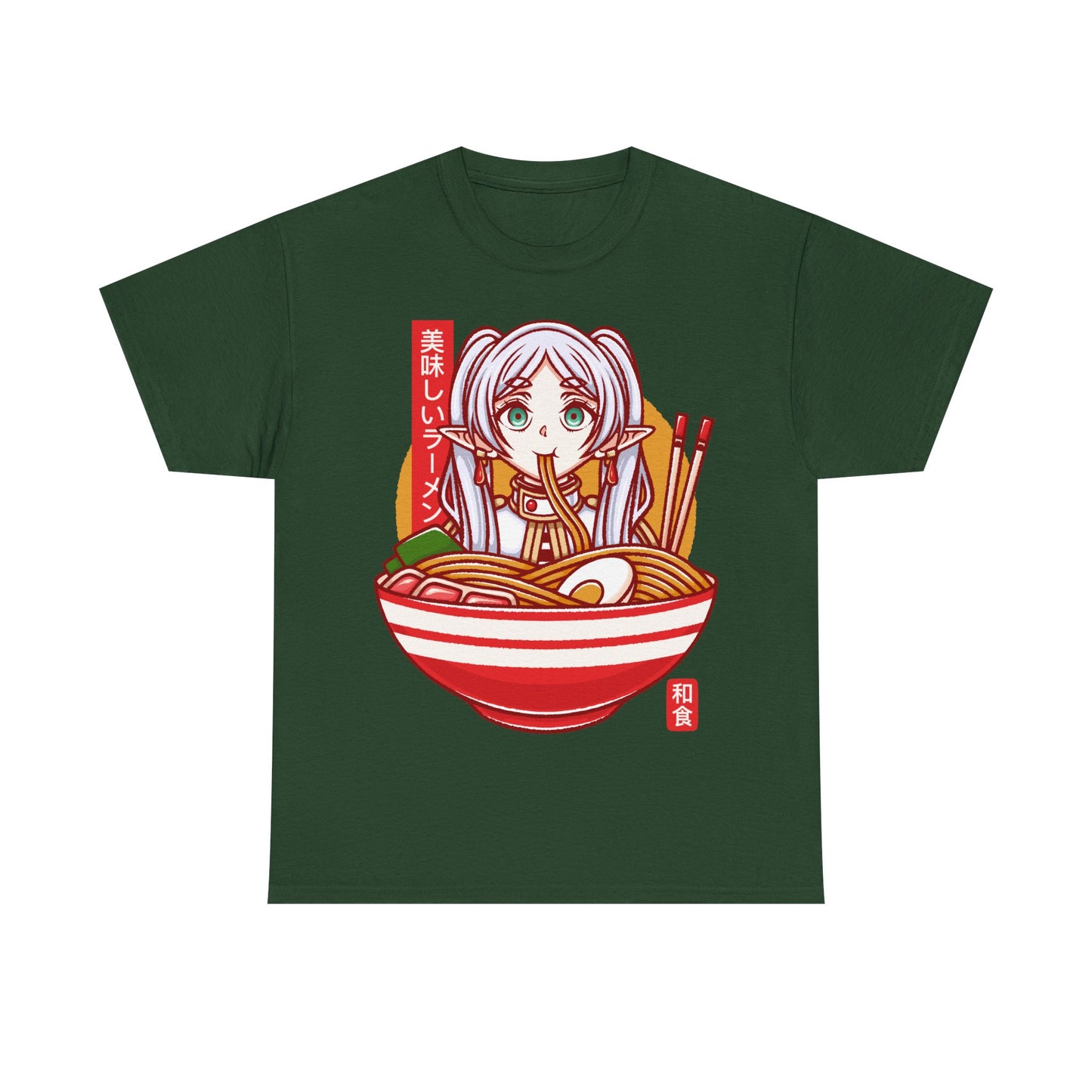 Frieren ramen t-shirt inspired by Sōsō no Frieren: Beyond Journey’s End, featuring the elf mage protagonist inside a stylized Japanese ramen bowl. This unisex anime shirt blends fantasy aesthetics with cozy ramen culture, creating a unique design for fans of the manga and anime series. Perfect anime merch for collectors, otaku enthusiasts, and lovers of Japanese art inspired apparel. Ideal t-shirt for Frieren fans and fantasy anime lovers.