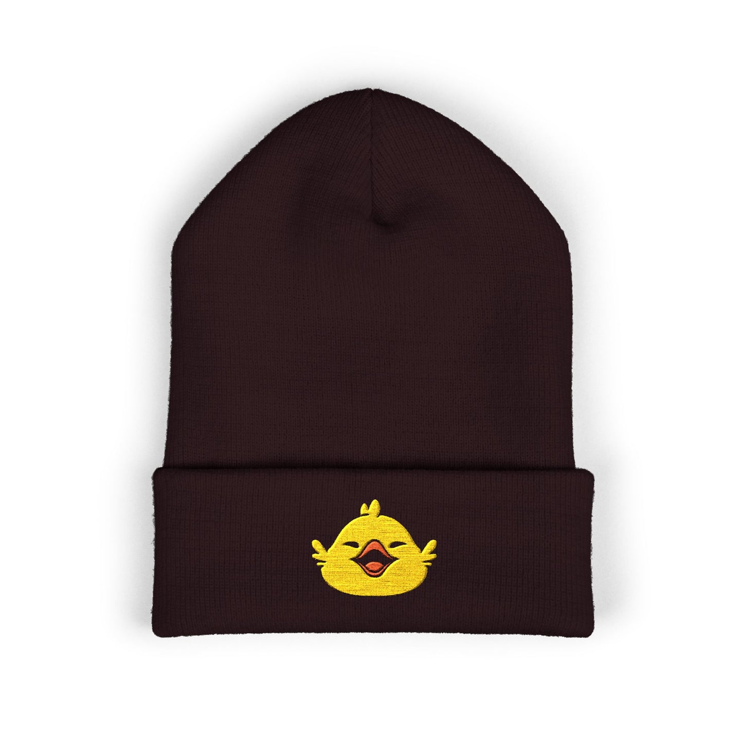 Fat Chocobo embroidered gaming beanie inspired by Final Fantasy XIV and Final Fantasy RPG video games displayed as a stylish cuffed winter hat.