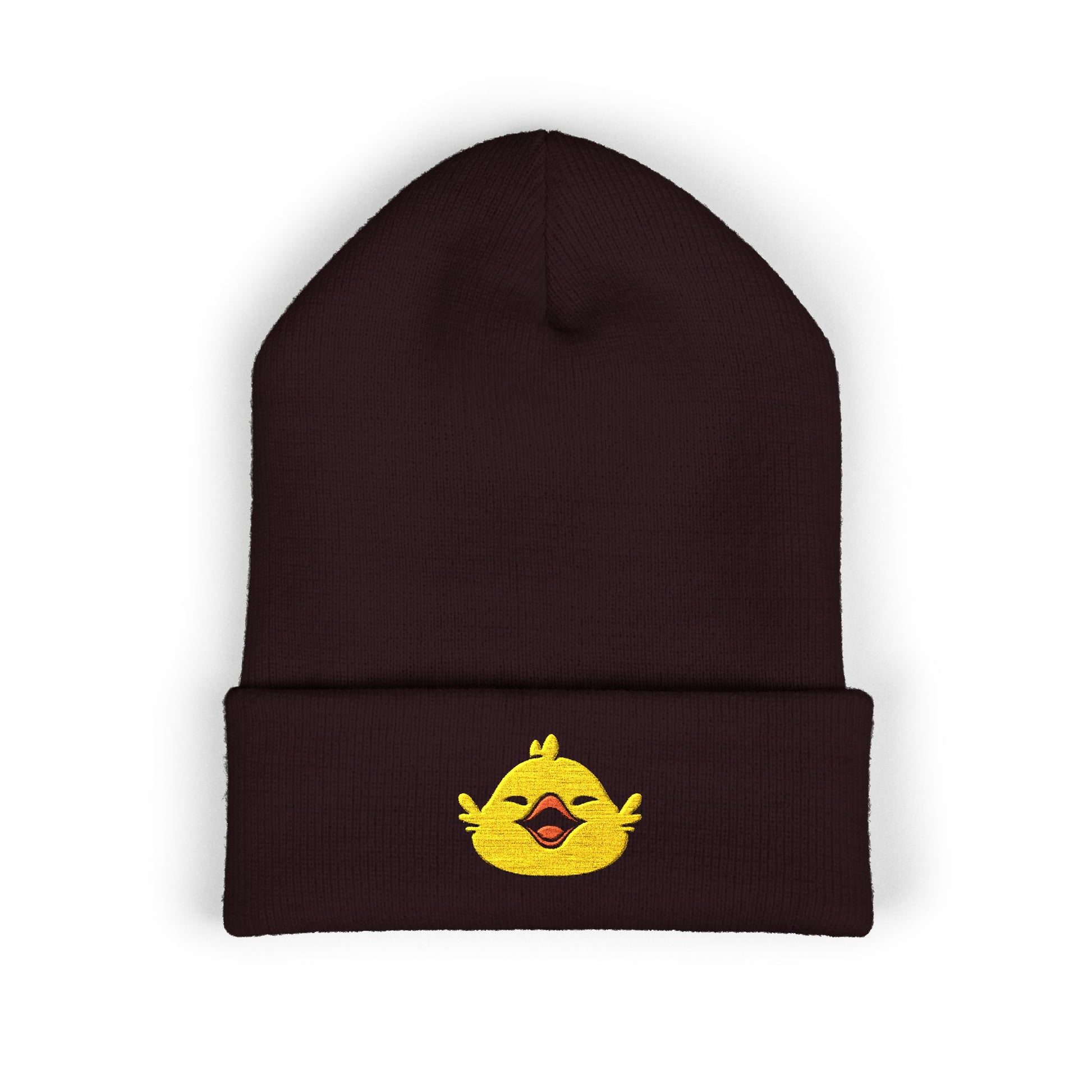 Fat Chocobo embroidered gaming beanie inspired by Final Fantasy XIV and Final Fantasy RPG video games displayed as a stylish cuffed winter hat.