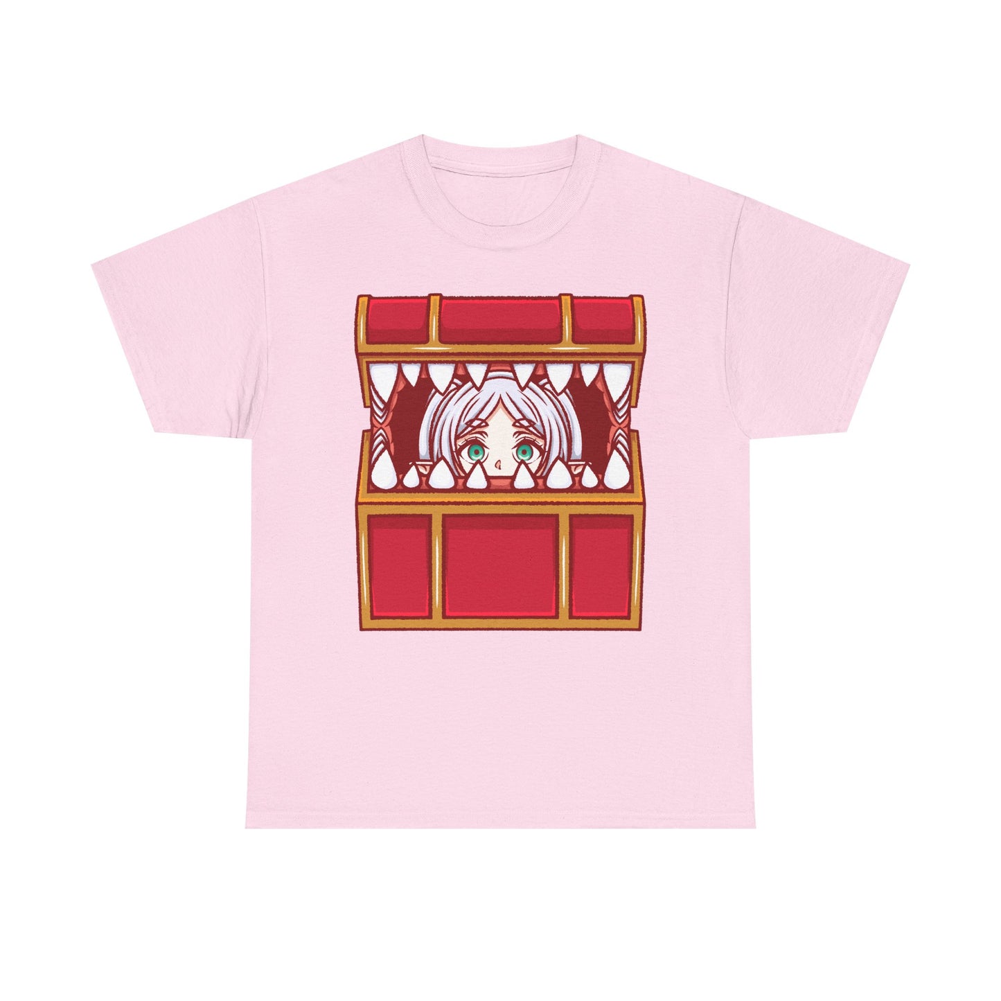 Frieren Mimic t-shirt inspired by Sōsō no Frieren: Beyond Journey’s End, featuring the elf mage protagonist being playfully eaten by a treasure chest mimic in a cute kawaii art style. This unisex anime shirt captures the viral meme loved by fans across the internet. Perfect fantasy anime merch for collectors, otaku enthusiasts, and fans of Frieren who enjoy funny dungeon moments and RPG-inspired designs.
