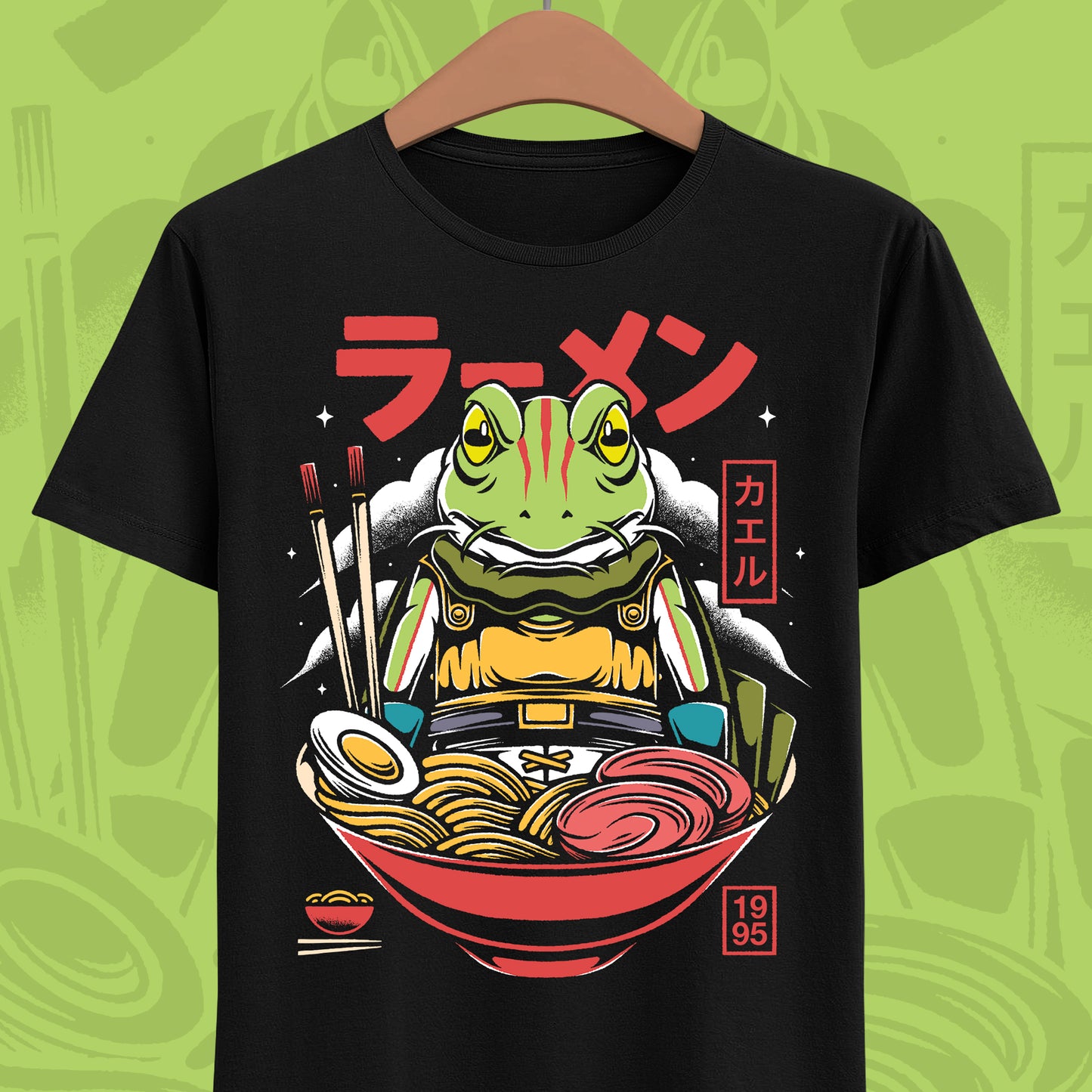 Chrono Trigger Glenn Frog ramen t-shirt featuring the Frog Knight inside a Japanese ramen bowl
