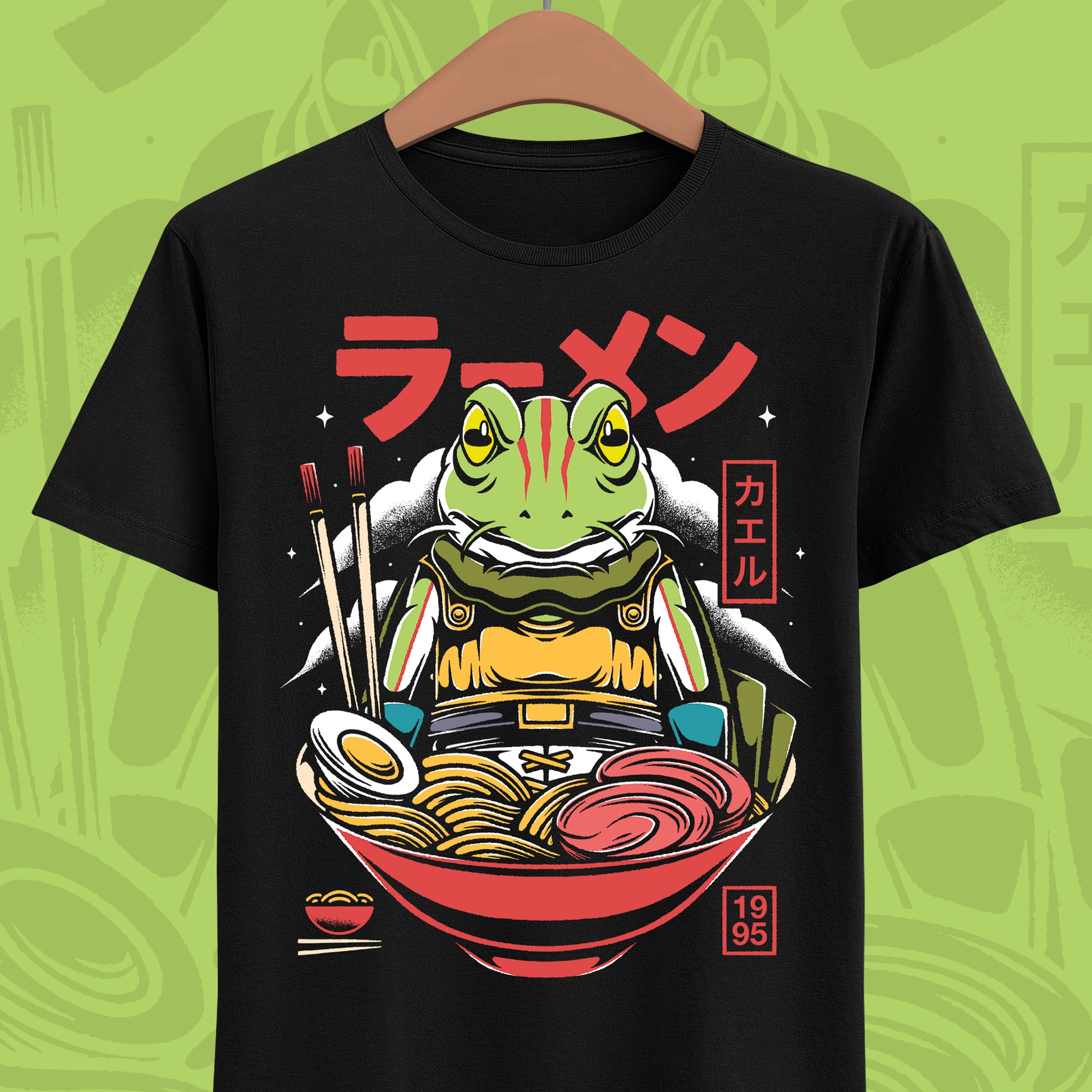 Chrono Trigger Glenn Frog ramen t-shirt featuring the Frog Knight inside a Japanese ramen bowl