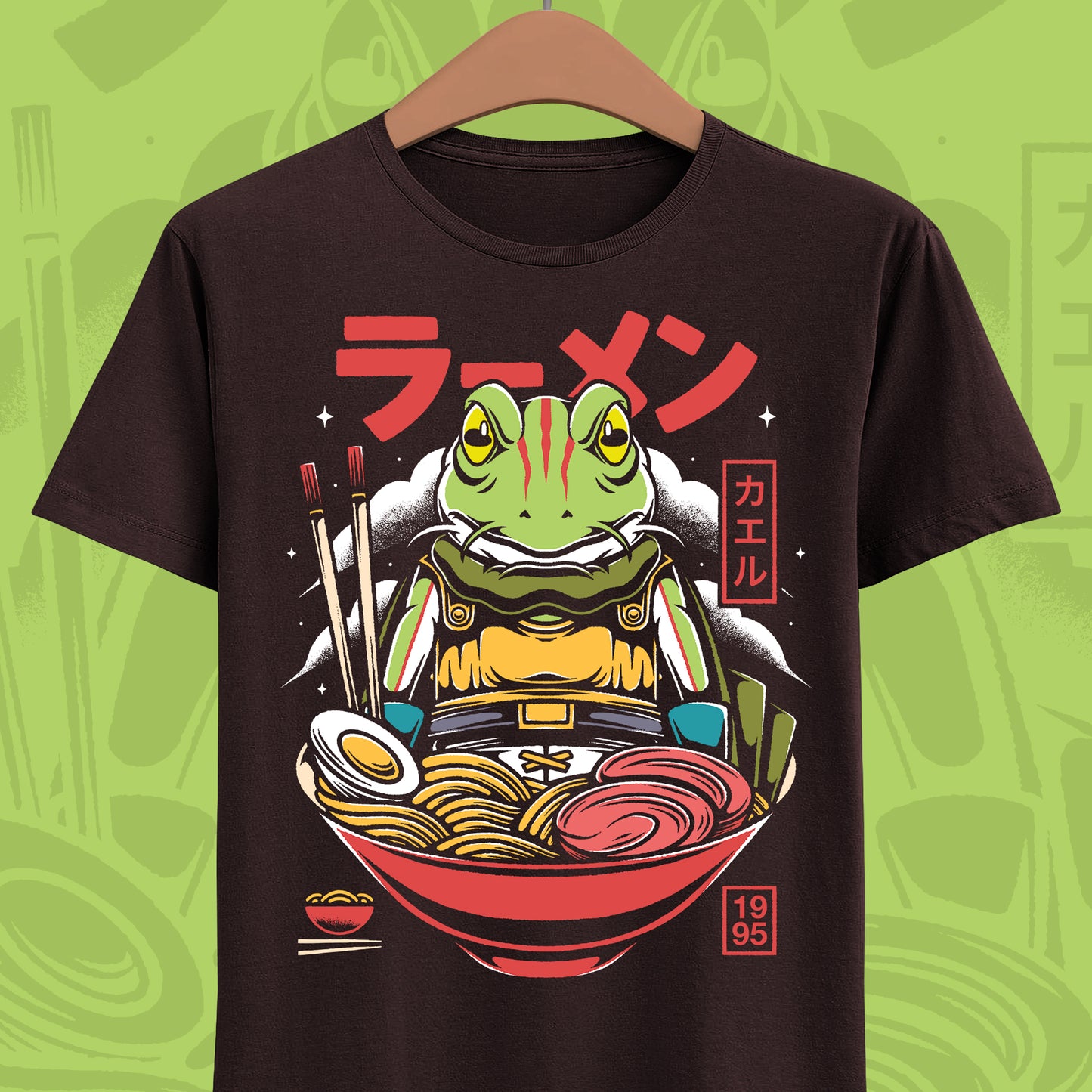 Chrono Trigger Glenn Frog ramen t-shirt featuring the Frog Knight inside a Japanese ramen bowl