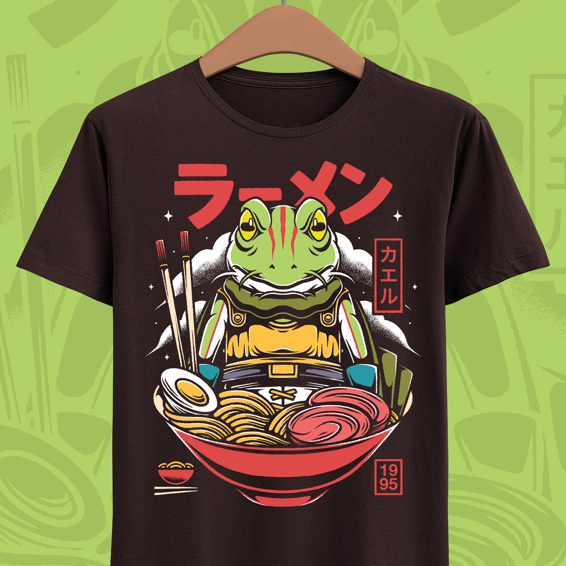 Chrono Trigger Glenn Frog ramen t-shirt featuring the Frog Knight inside a Japanese ramen bowl