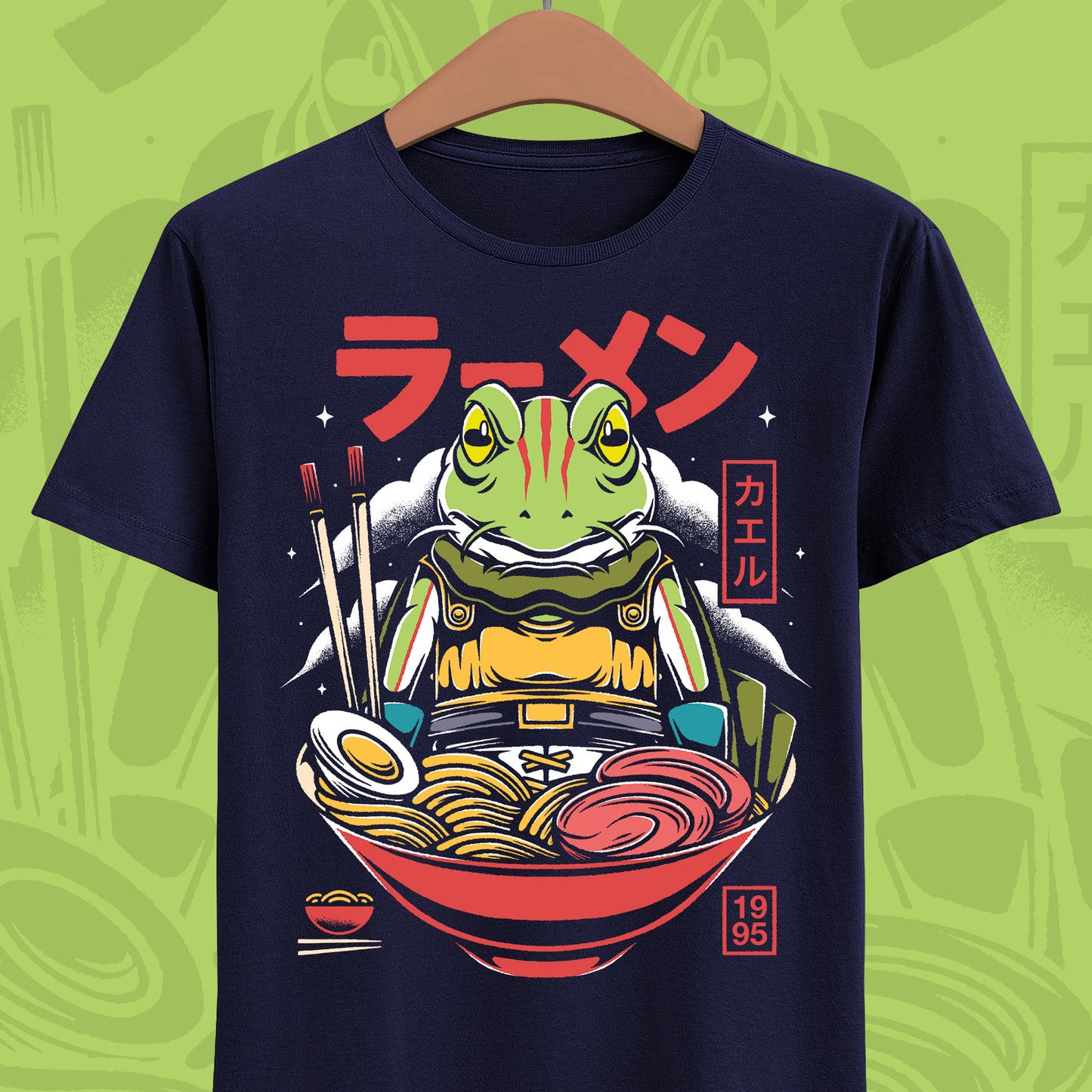 Chrono Trigger Glenn Frog ramen t-shirt featuring the Frog Knight inside a Japanese ramen bowl
