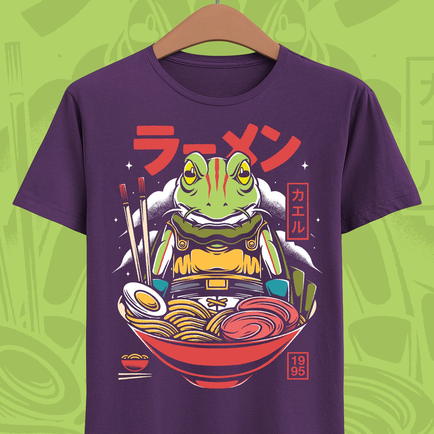 Chrono Trigger Glenn Frog ramen t-shirt featuring the Frog Knight inside a Japanese ramen bowl