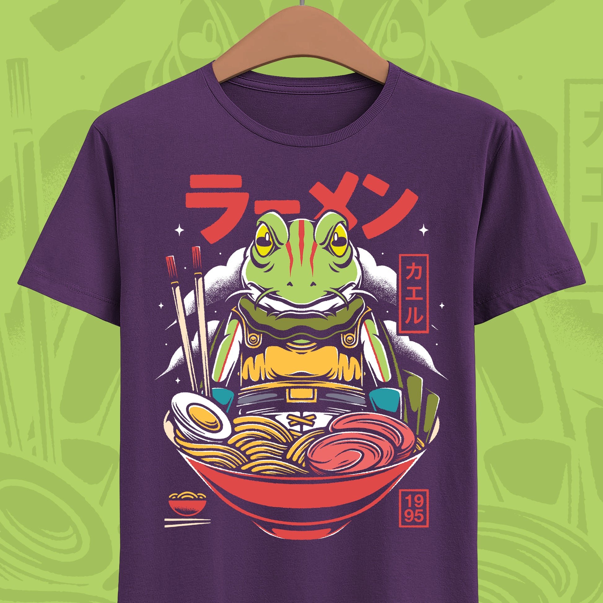 Chrono Trigger Glenn Frog ramen t-shirt featuring the Frog Knight inside a Japanese ramen bowl