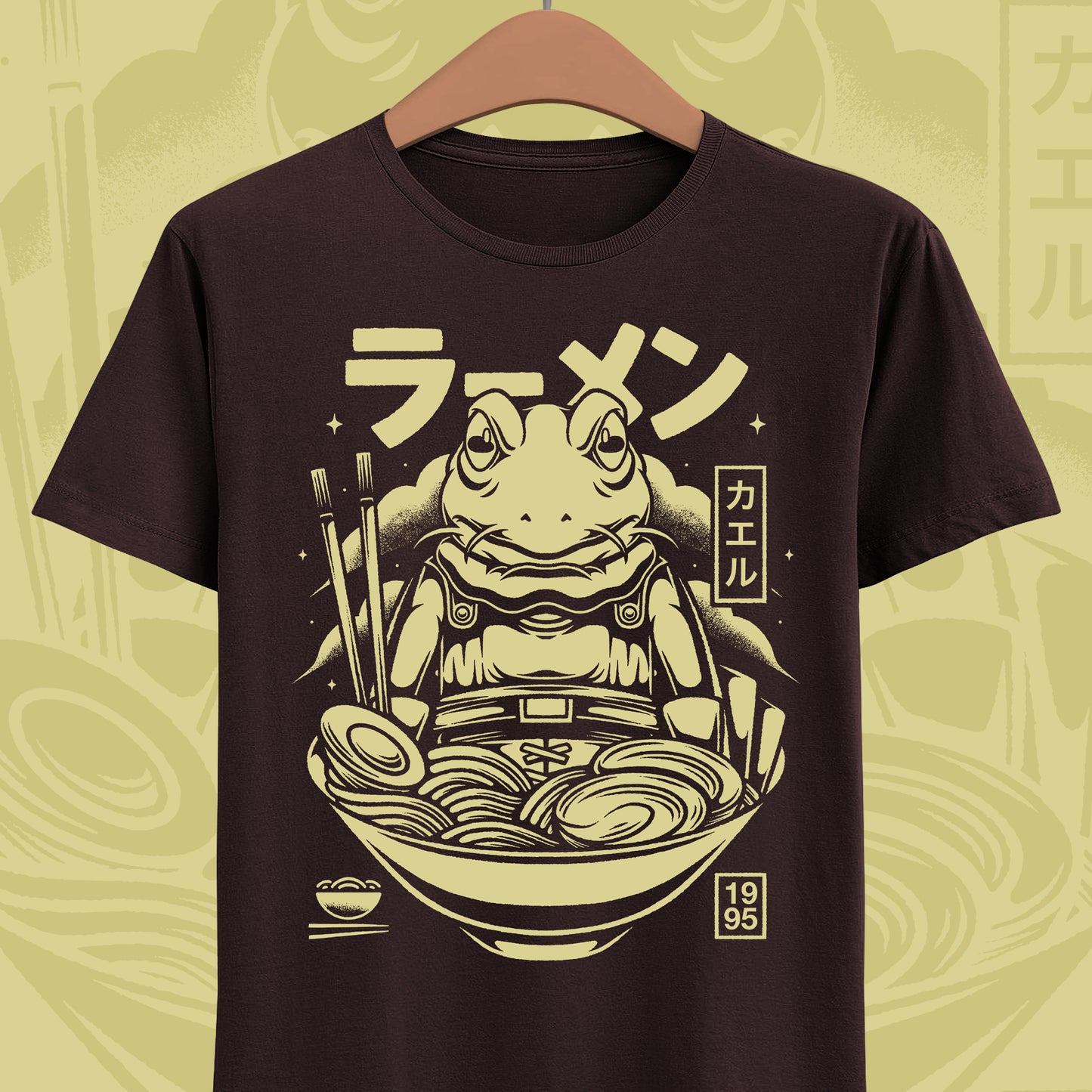 Chrono Trigger Glenn Frog Knight ramen t-shirt featuring Frog inside a Japanese ramen bowl.