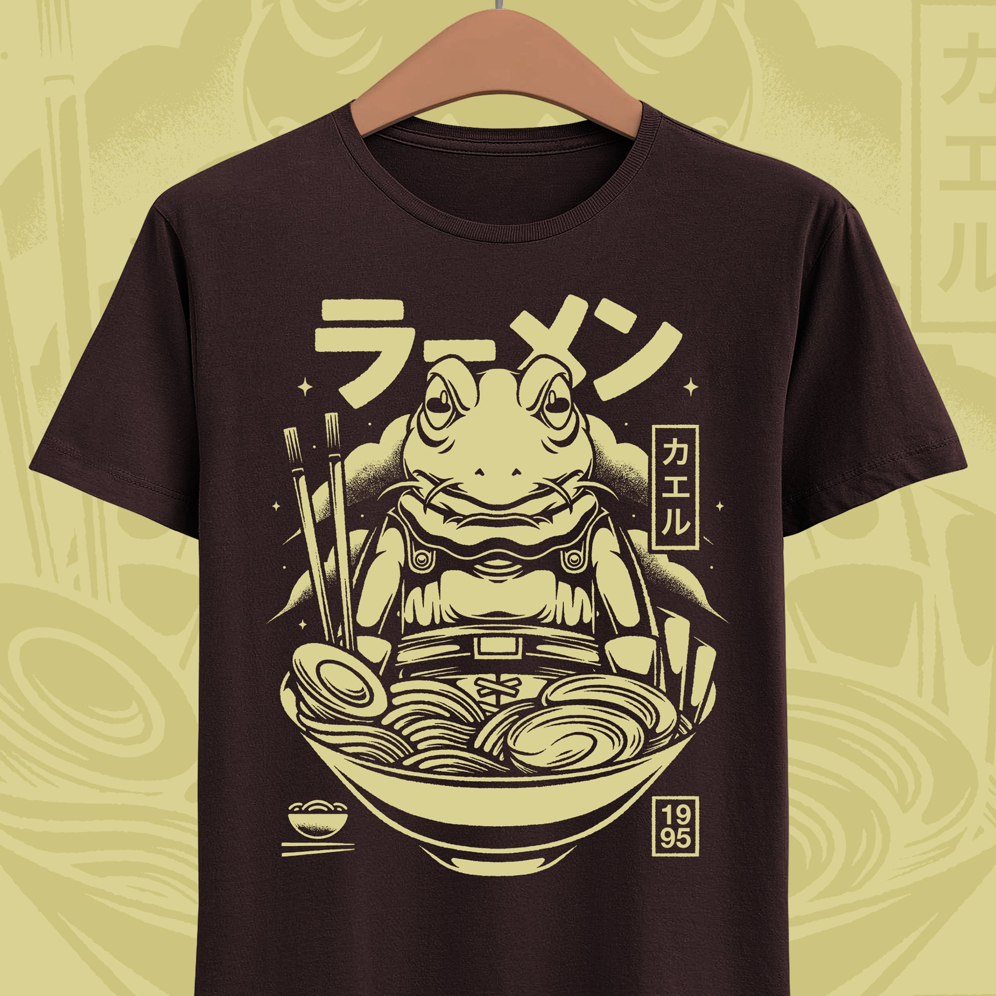 Chrono Trigger Glenn Frog Knight ramen t-shirt featuring Frog inside a Japanese ramen bowl.