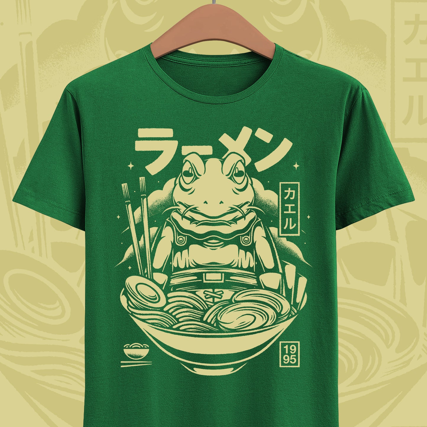 Chrono Trigger Glenn Frog Knight ramen t-shirt featuring Frog inside a Japanese ramen bowl.