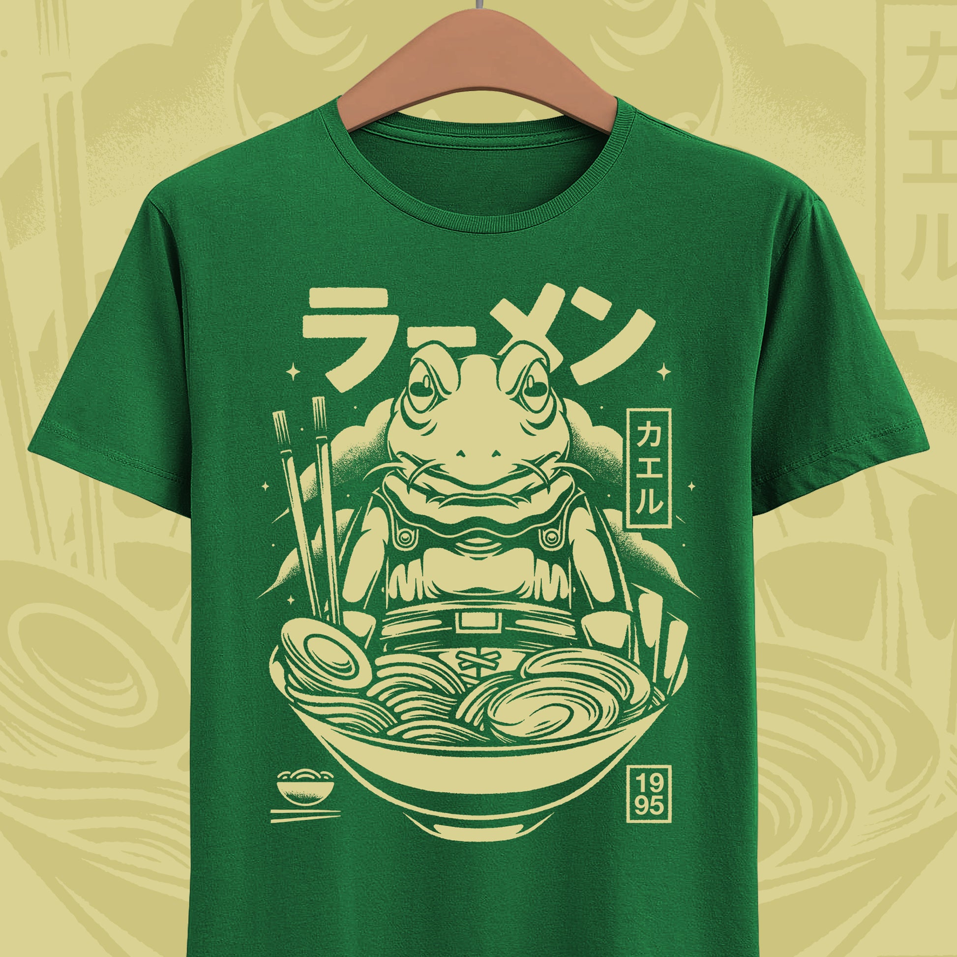 Chrono Trigger Glenn Frog Knight ramen t-shirt featuring Frog inside a Japanese ramen bowl.